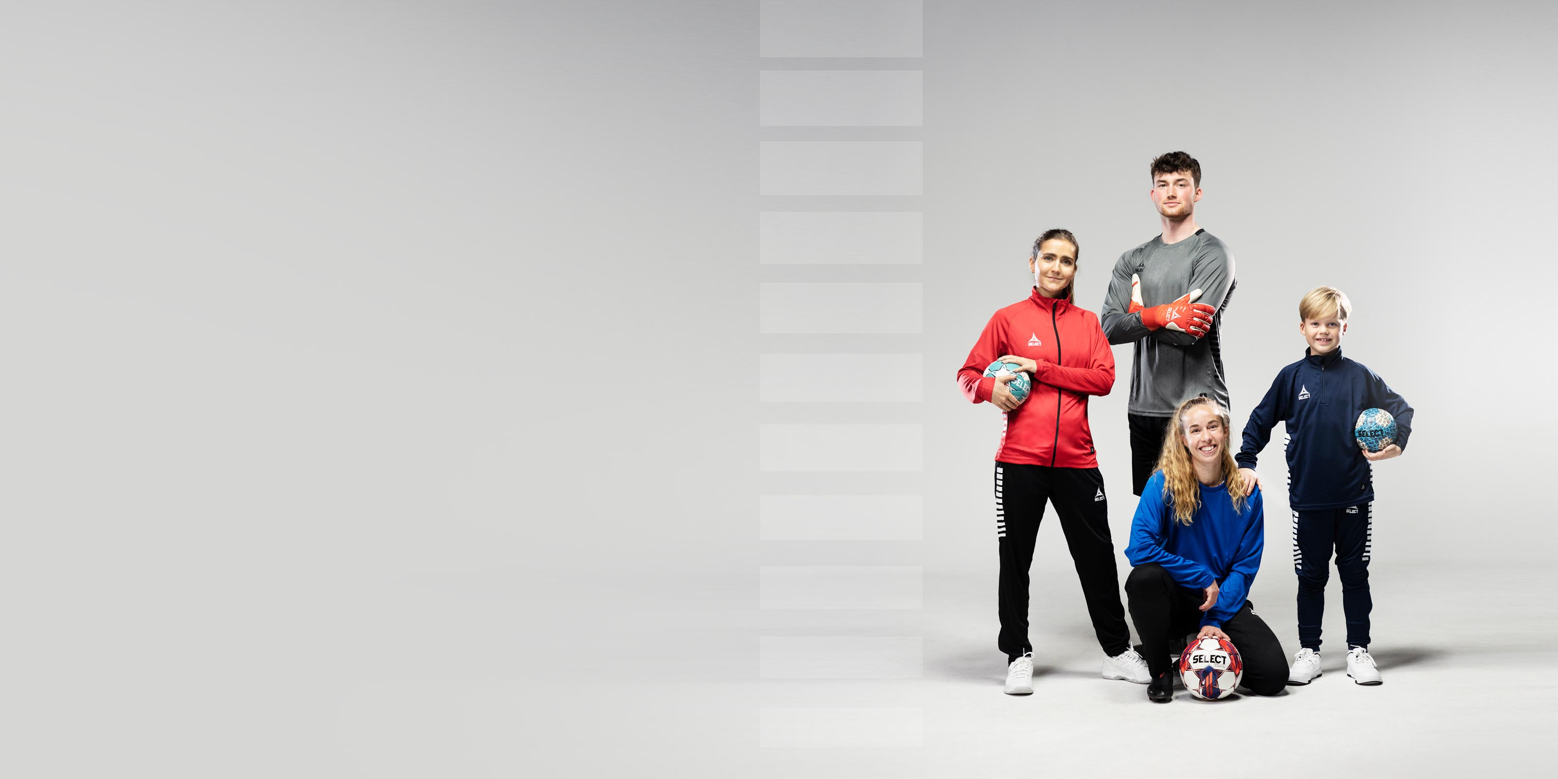 Various athletes wearing sports uniforms and various sports balls on a grey background