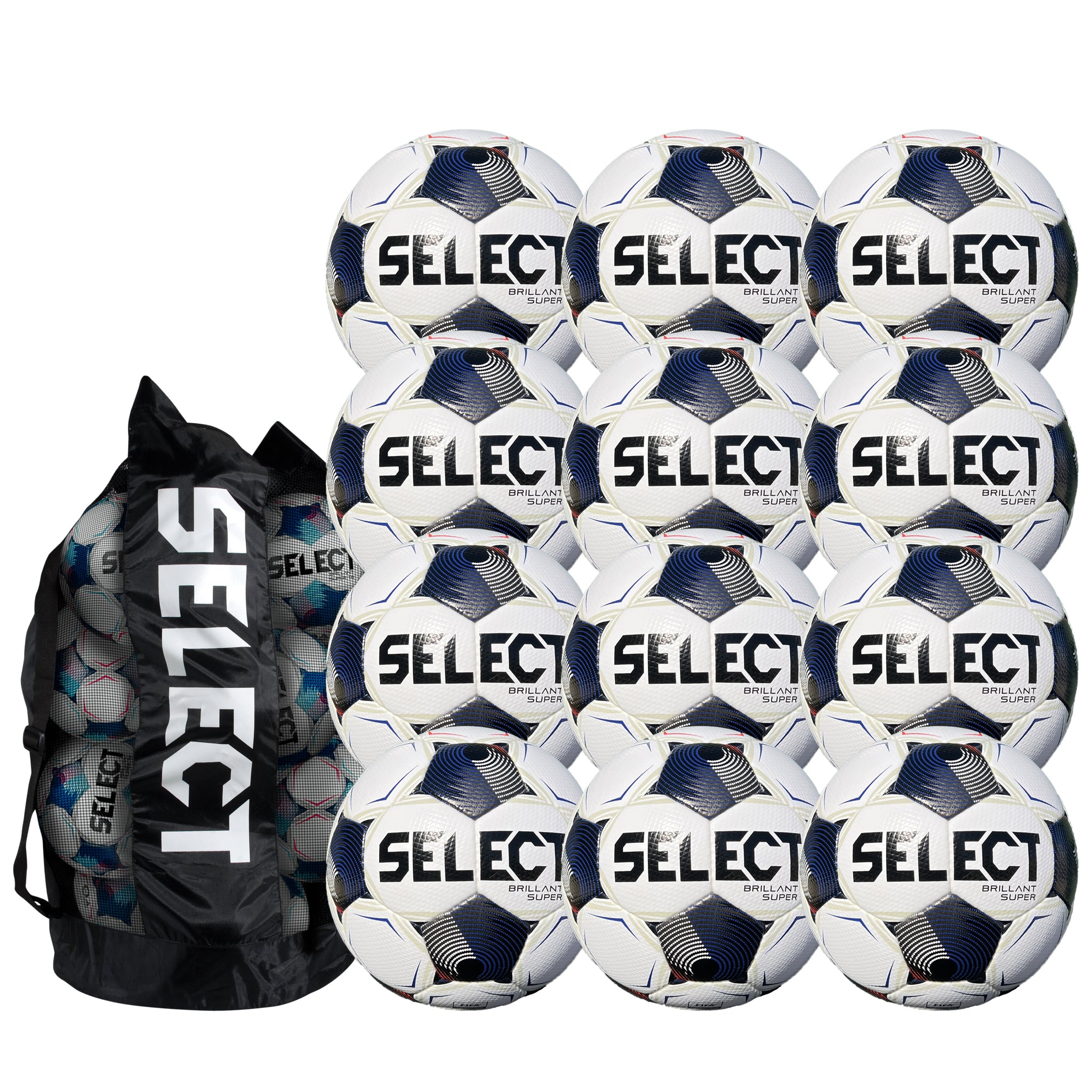 Twelve white soccer balls with black accents and a carry bag