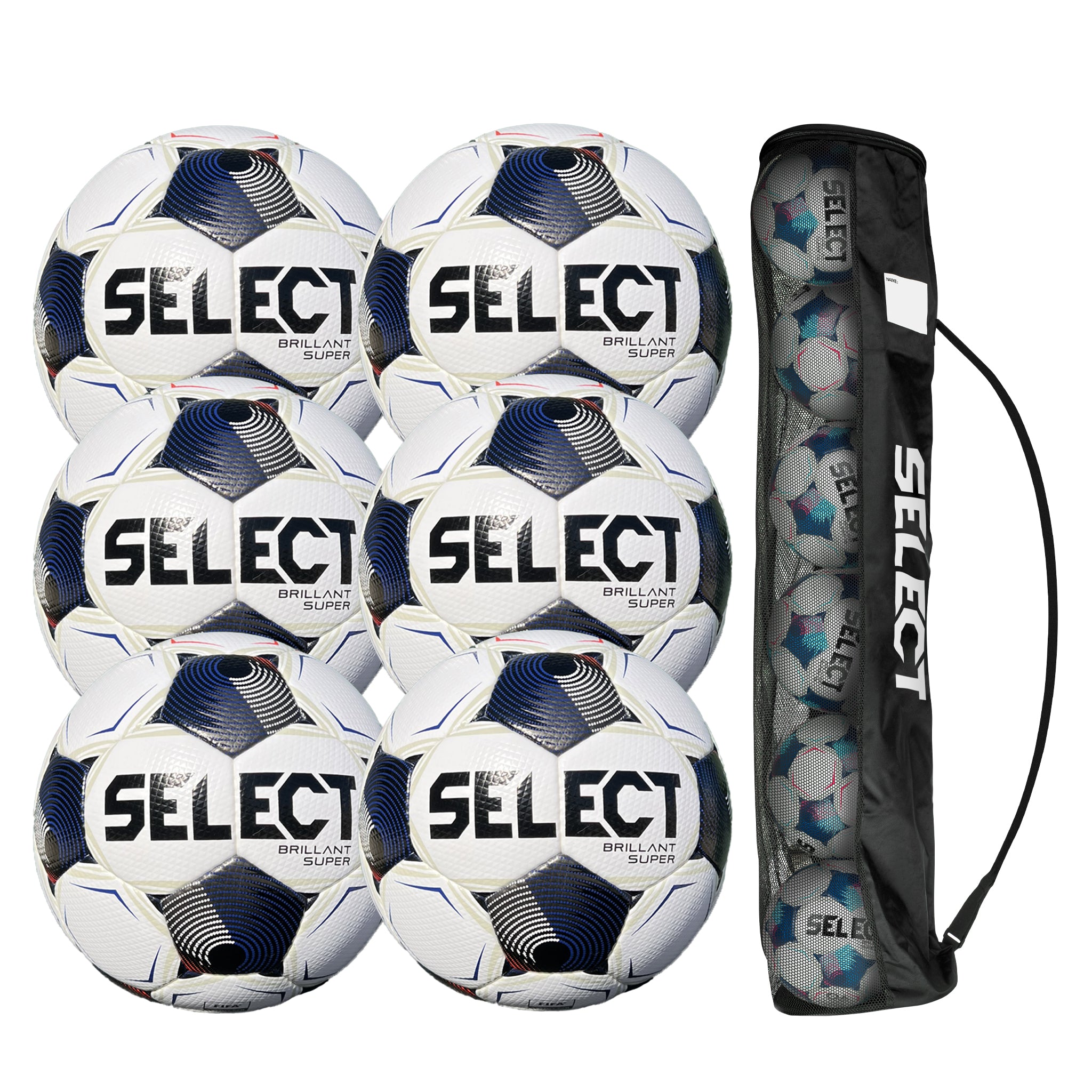 Multiple Select branded soccer balls with a carrying case on a white background