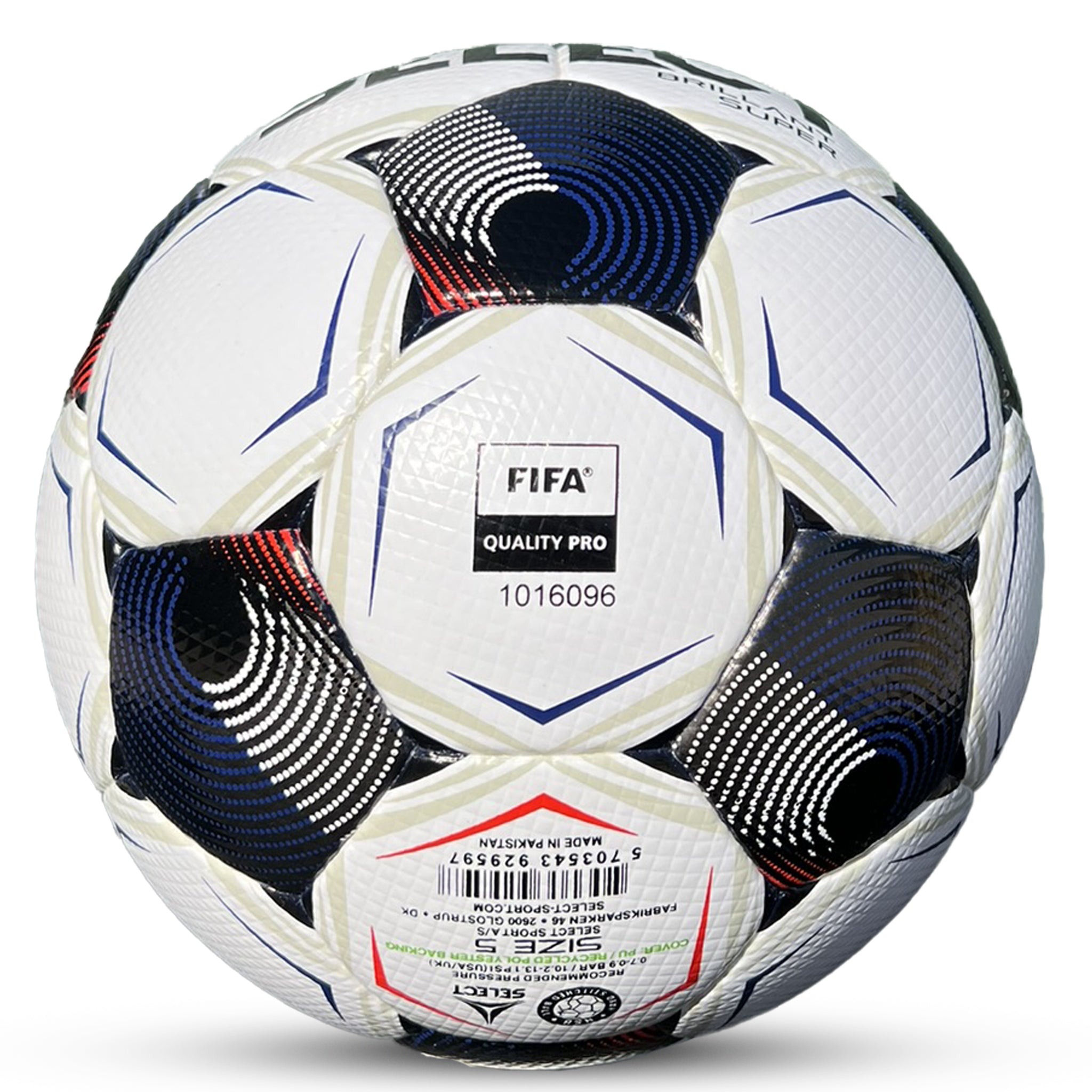 White soccer ball with black, blue, and red accents. SELECT and FIFA Quality Pro logos. Bottom view