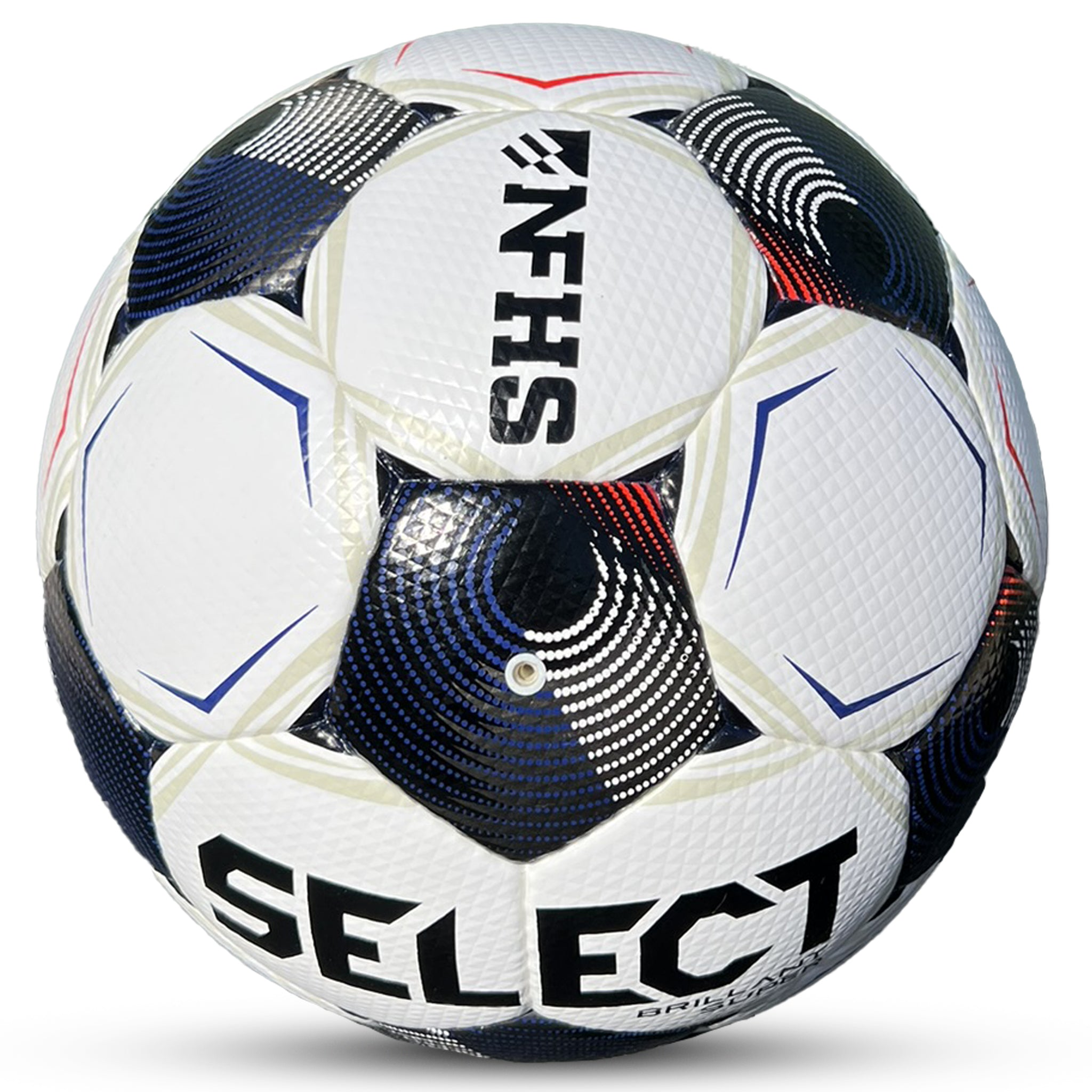 White soccer ball with black, blue, and red accents. SELECT and NFHS logos. Top view