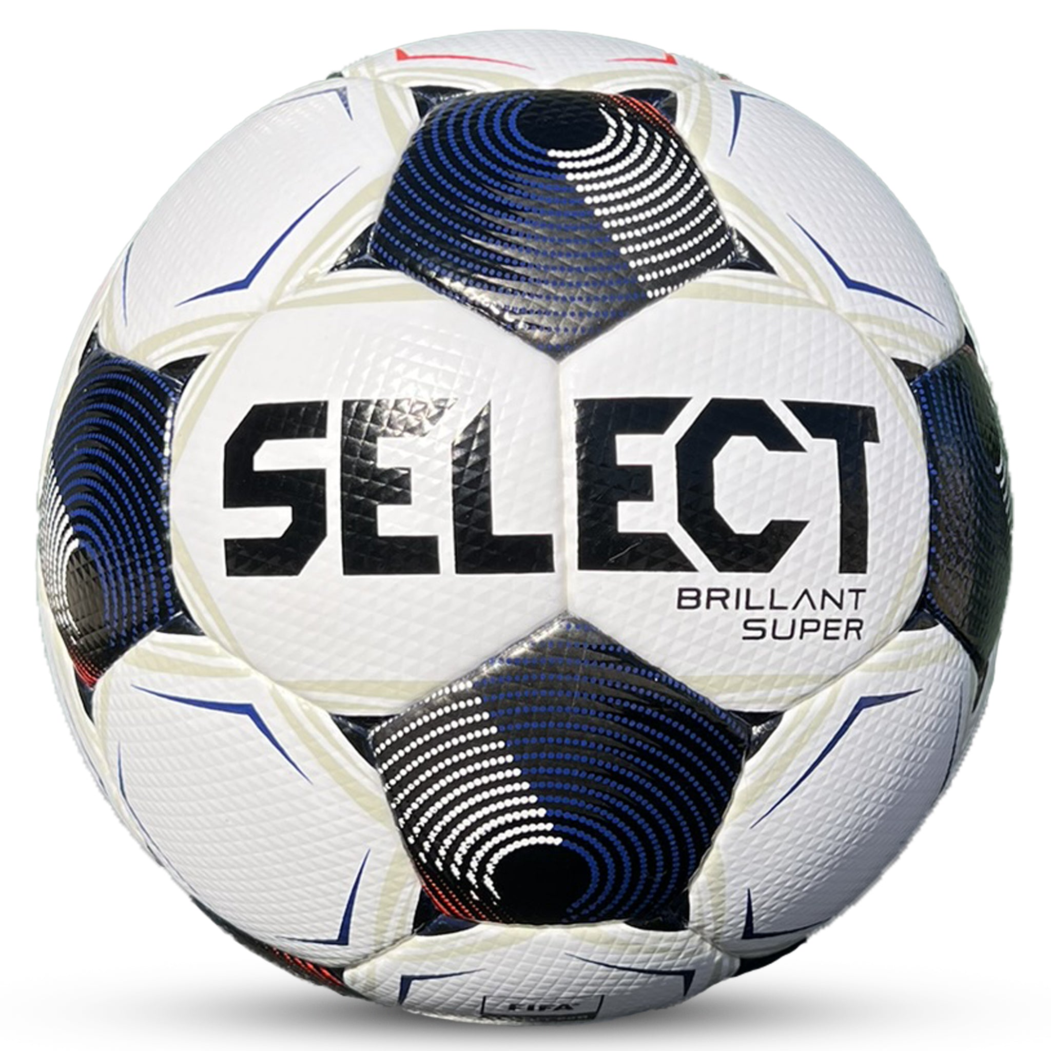 White soccer ball with black, blue, and red accents. SELECT logo. Back view
