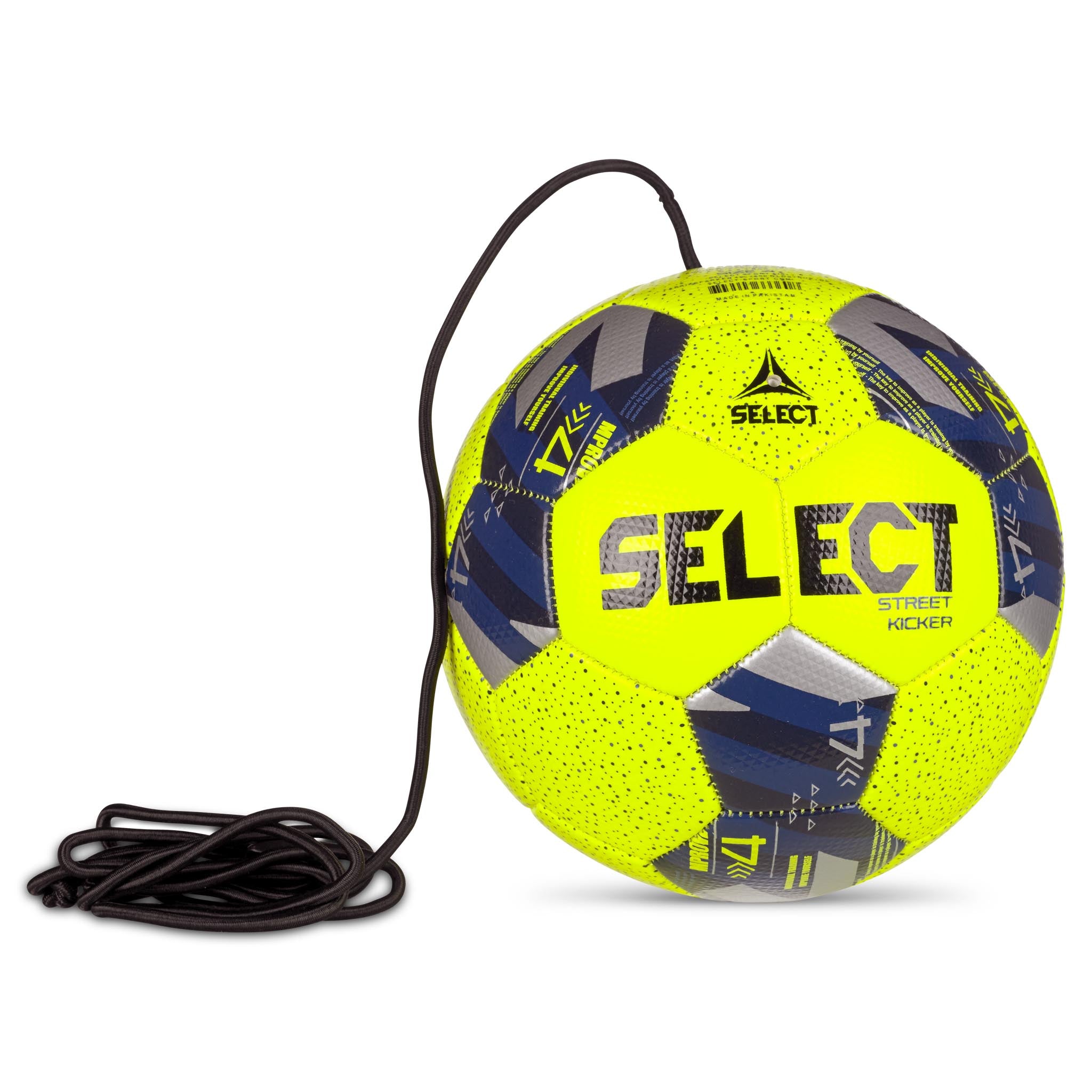 Yellow soccer ball with blue and silver accents. Ball has fixed elastic string for technique training. #color_yellow/blue