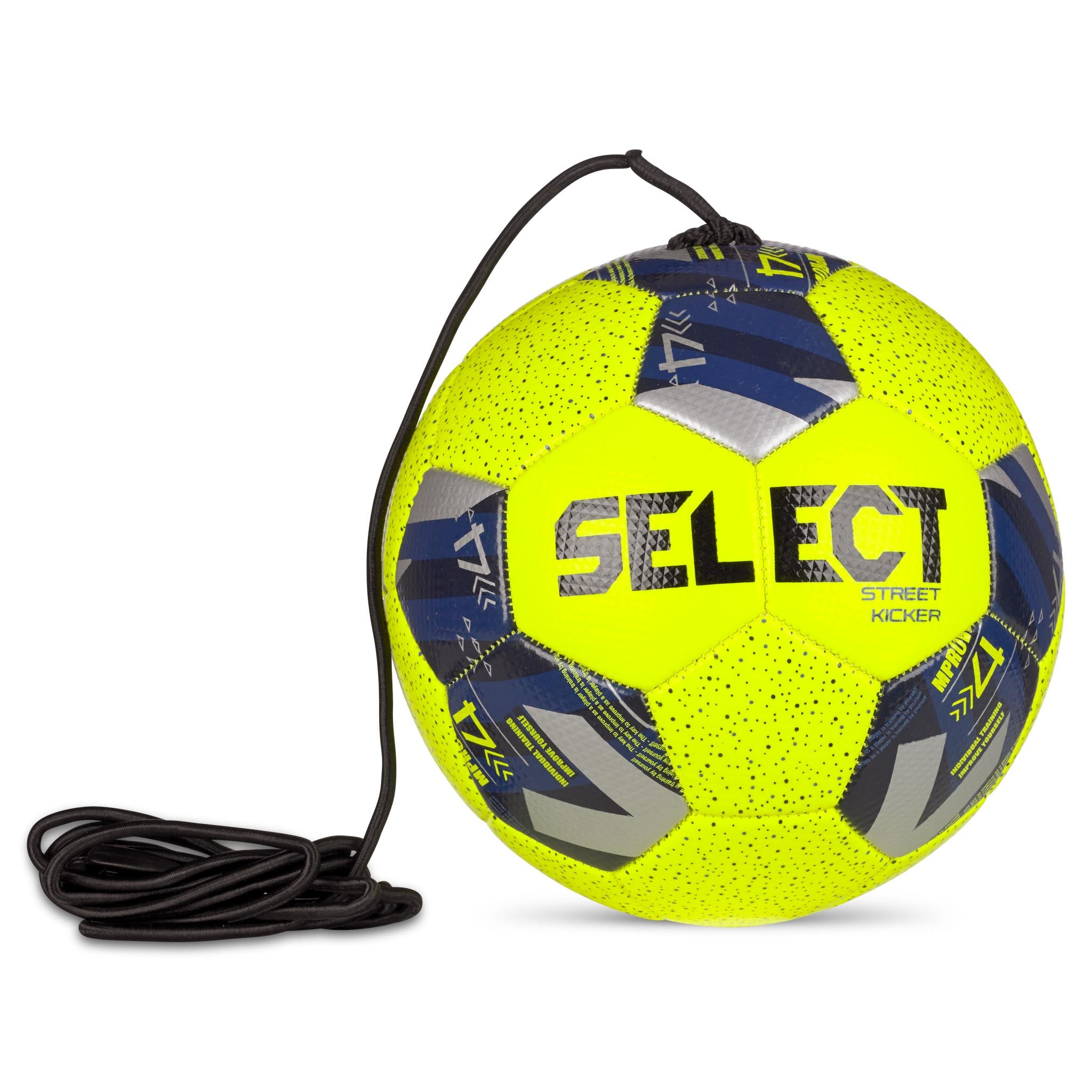 Yellow soccer ball with blue and silver accents. Ball has fixed elastic string for technique training. #color_yellow/blue