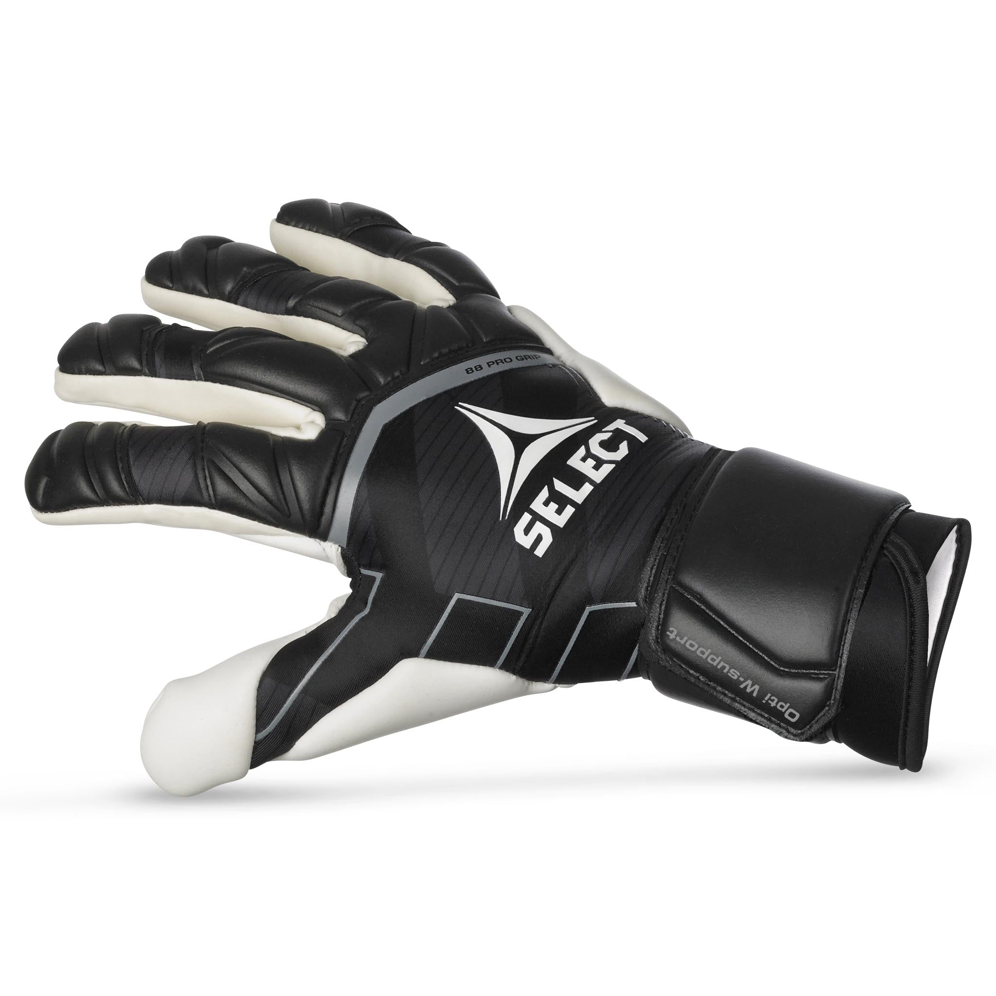 Goalkeeper glove with black and grey backhand and white palm. Select logo on backhand. #color_black/white