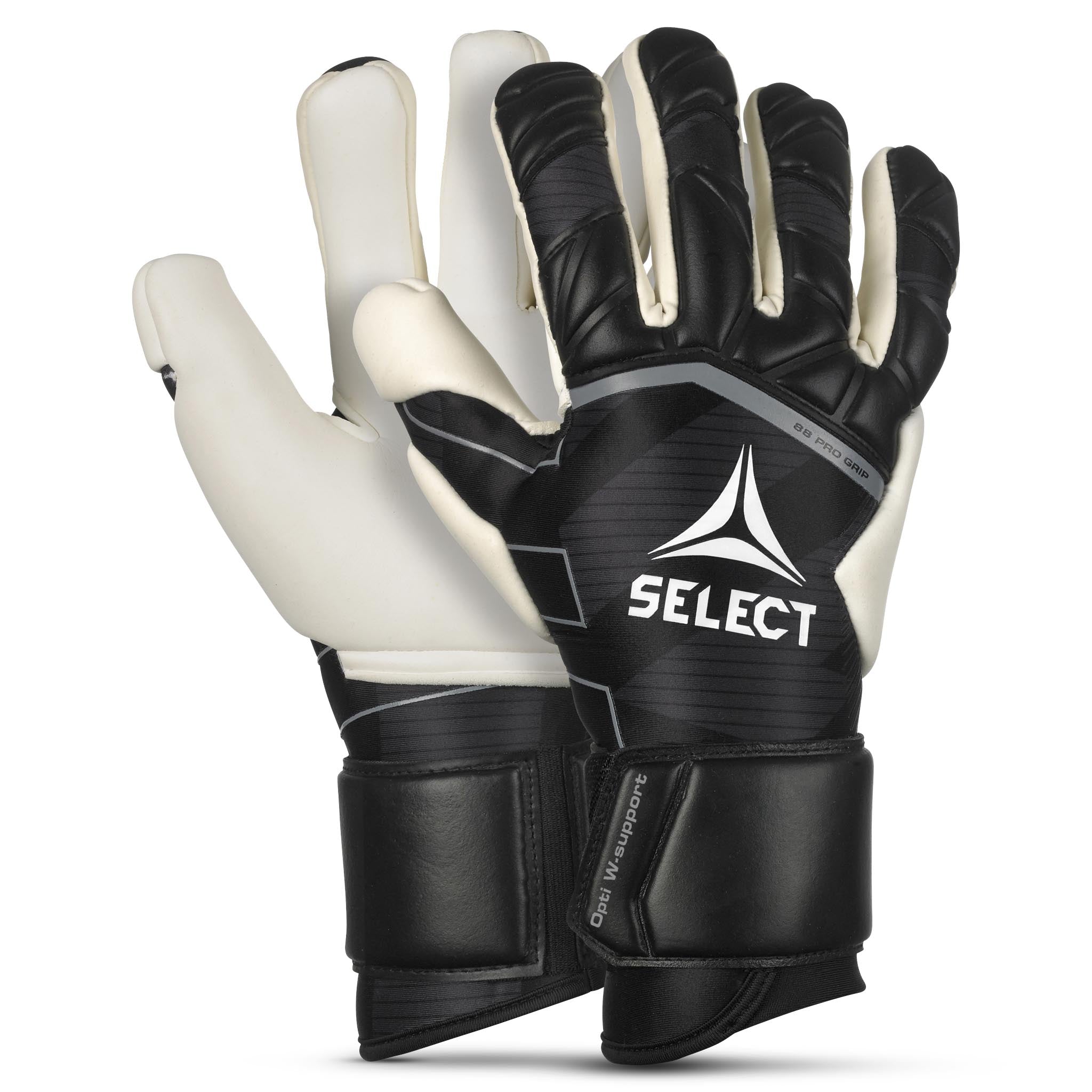 Goalkeeper glove with black and grey backhand and white palm. Select logo on backhand. #color_black/white