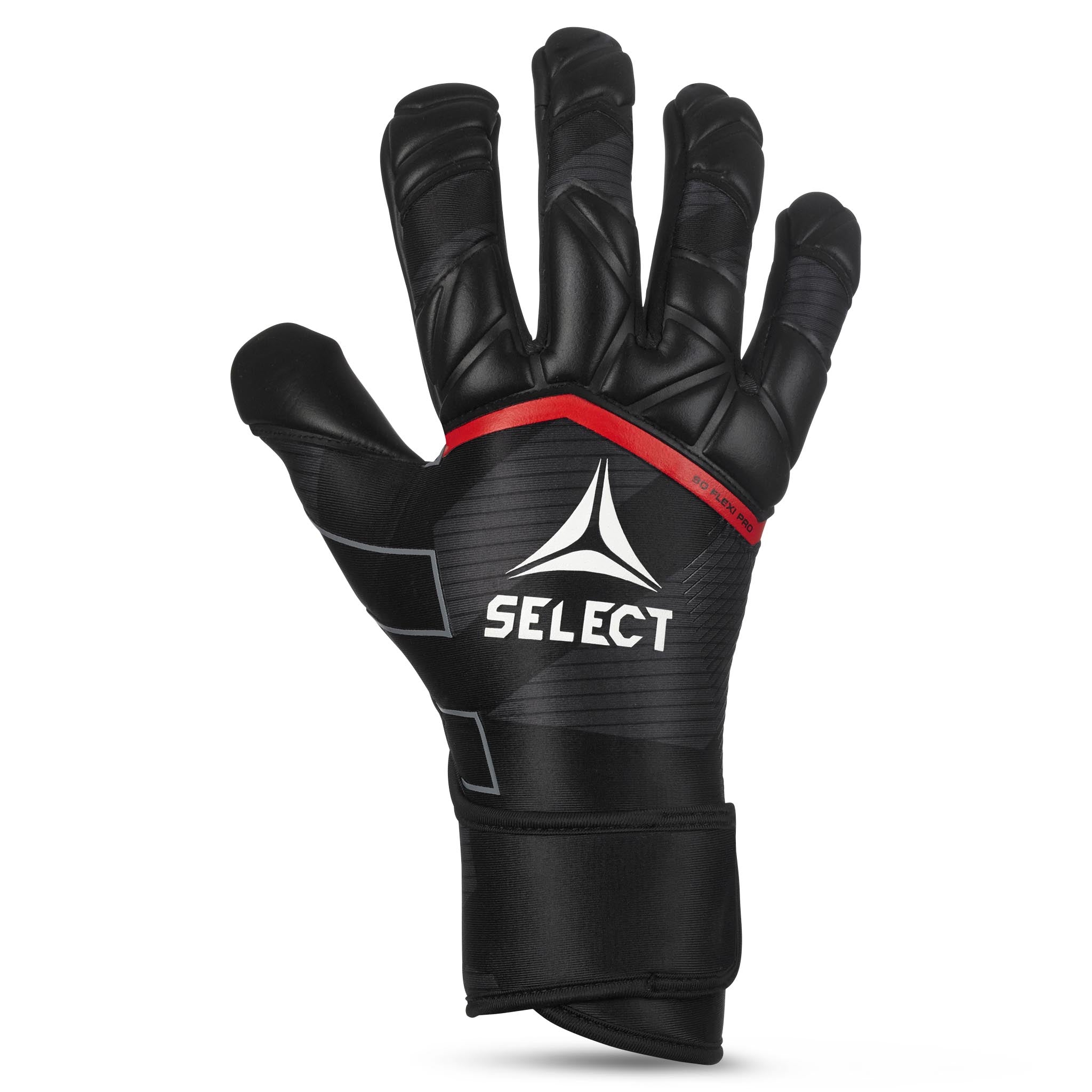 Goalkeeper glove with black and red backhand, black palm and Select logo on backhand. #color_black/red