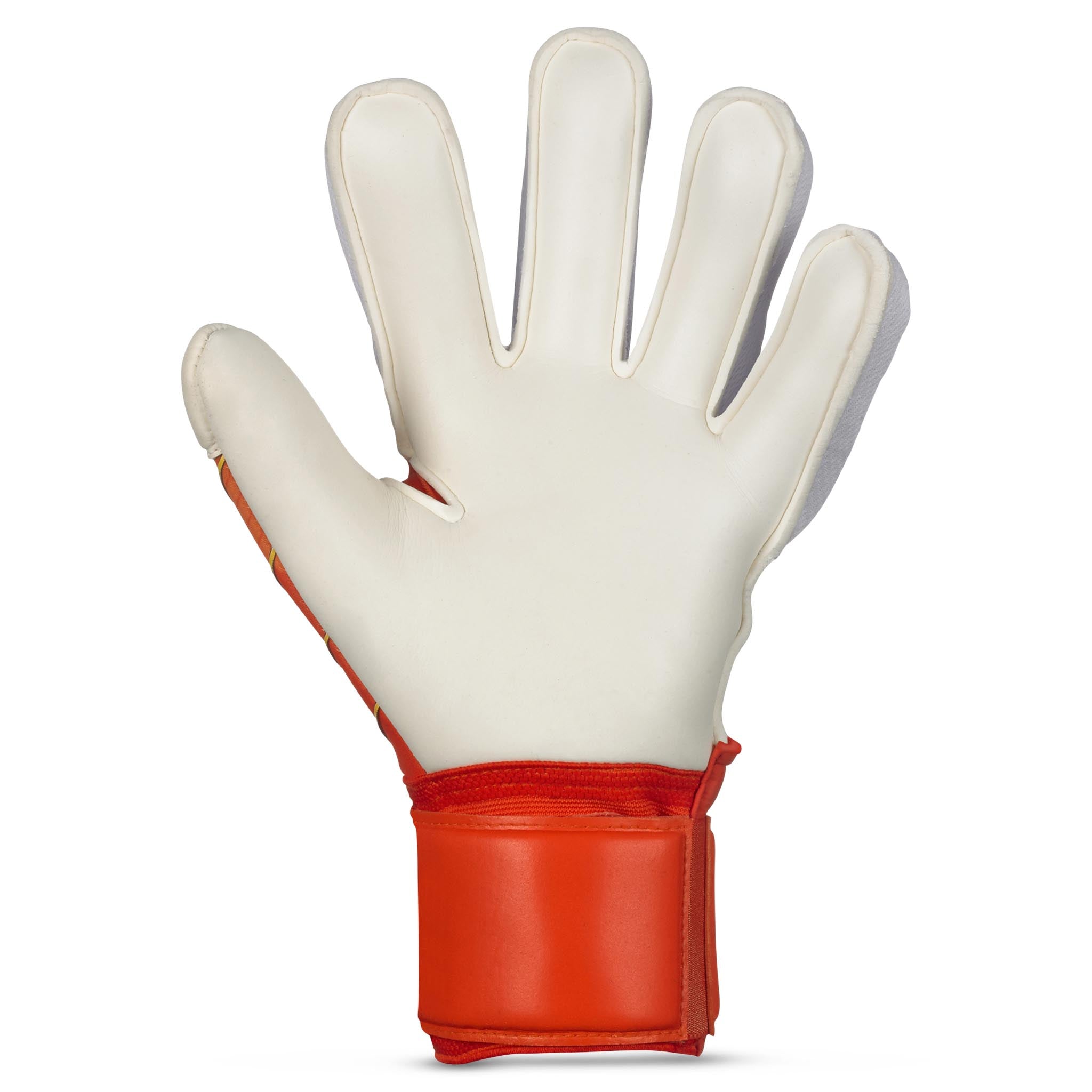 Goalkeeper glove with orange and yellow backhand and white palm. Select logo on backhand. #color_orange/white