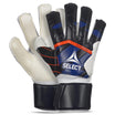 Youth goalkeeper glove with black, blue, and orange backhand and white palm. Select logo on backhand. #color_blue/white