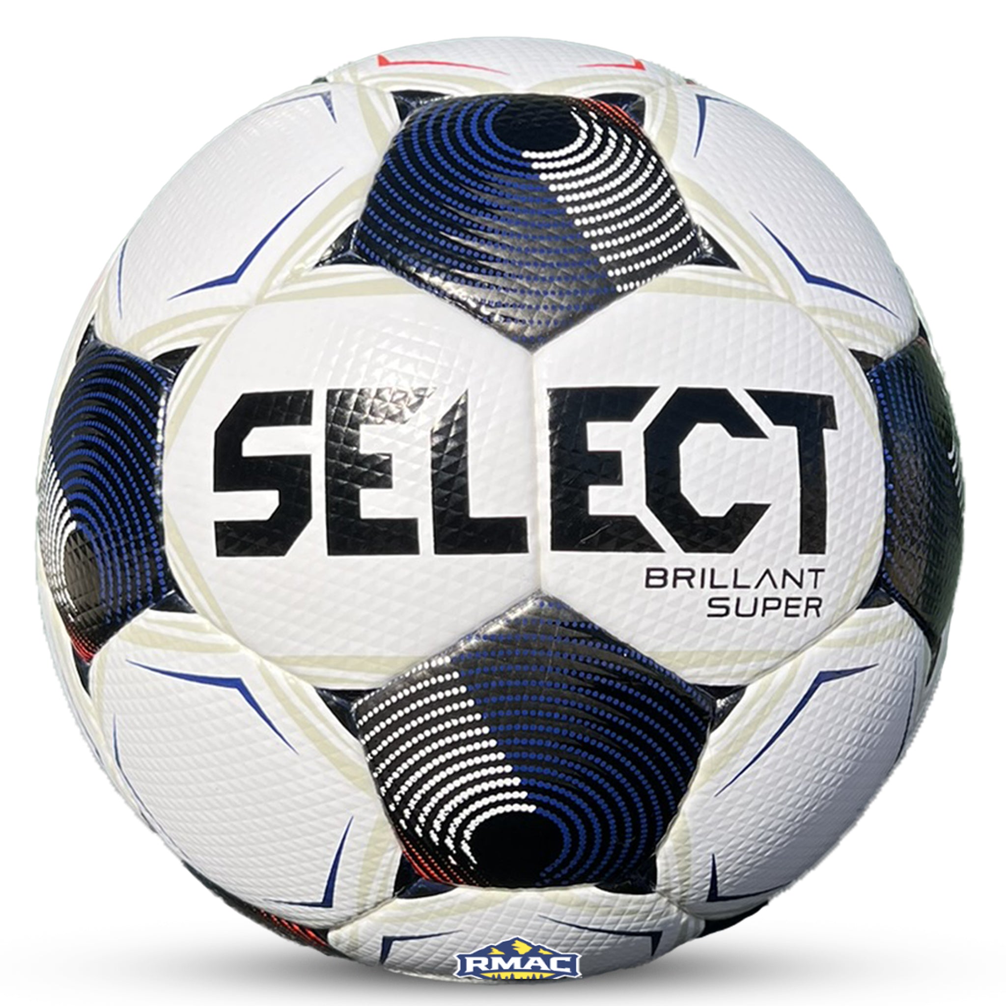 White soccer ball with black and blue patterns and 'SELECT' branding on a white background. Front view