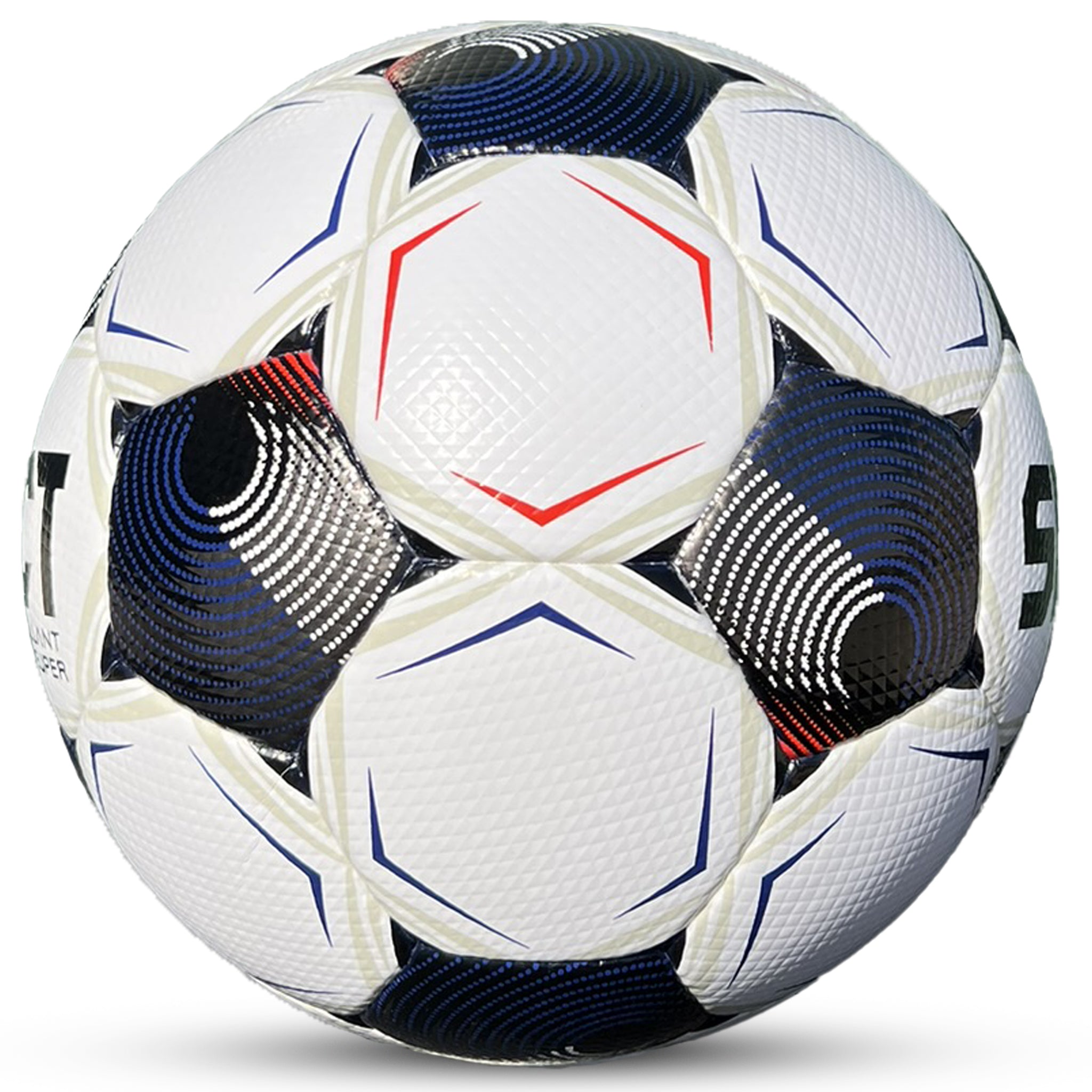 Soccer ball with white, blue, and red patterns on a white background
