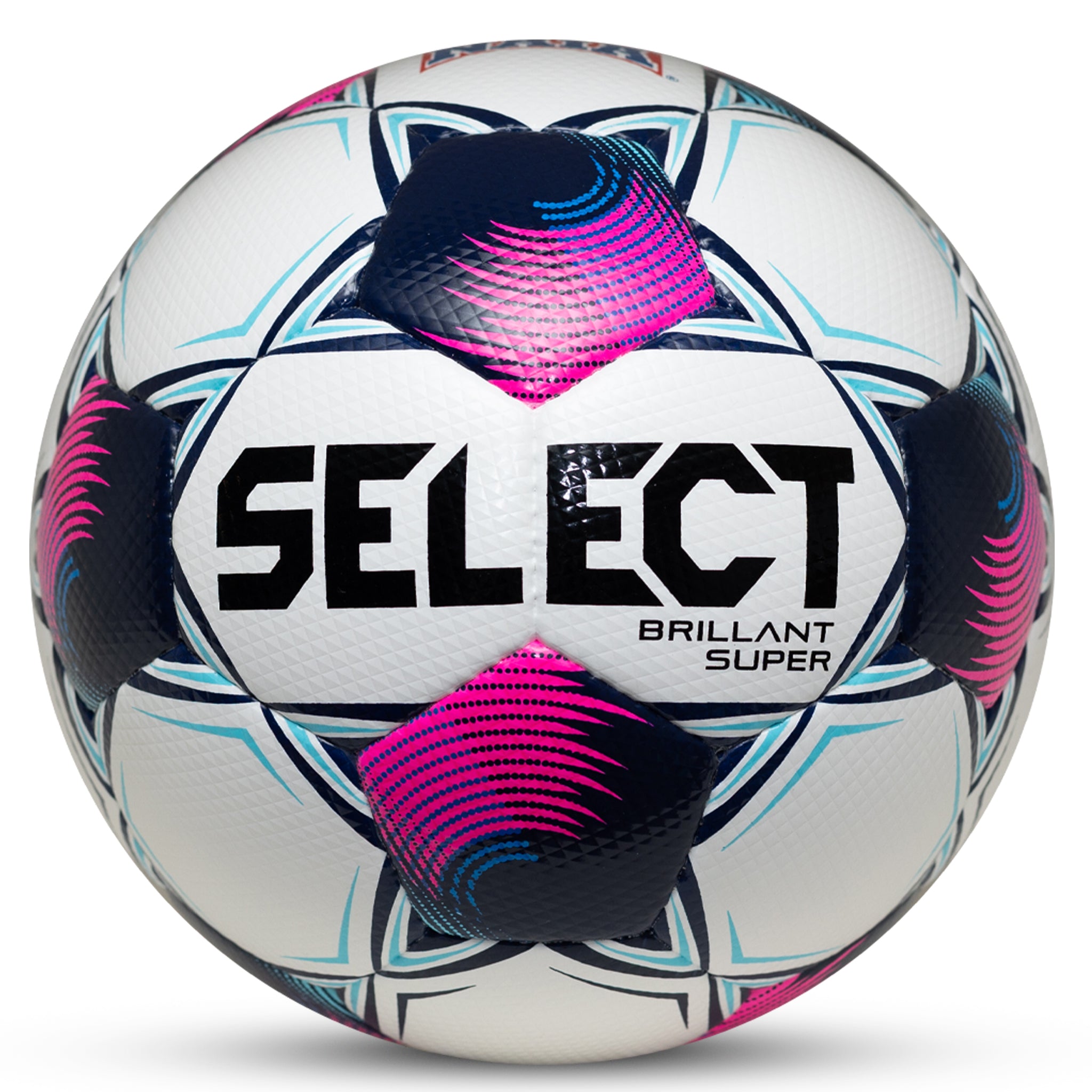 White soccer ball with black pentagons, blue and pink accents and 'Select' branding on a white background. Used by the NAIA