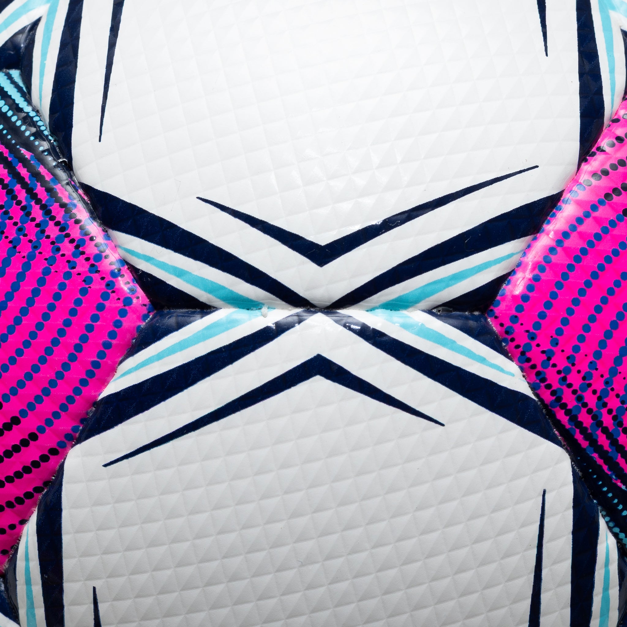 Close up of white soccer ball with black pentagons, blue and pink accents and 'Select' branding on a white background. Used by the NAIA