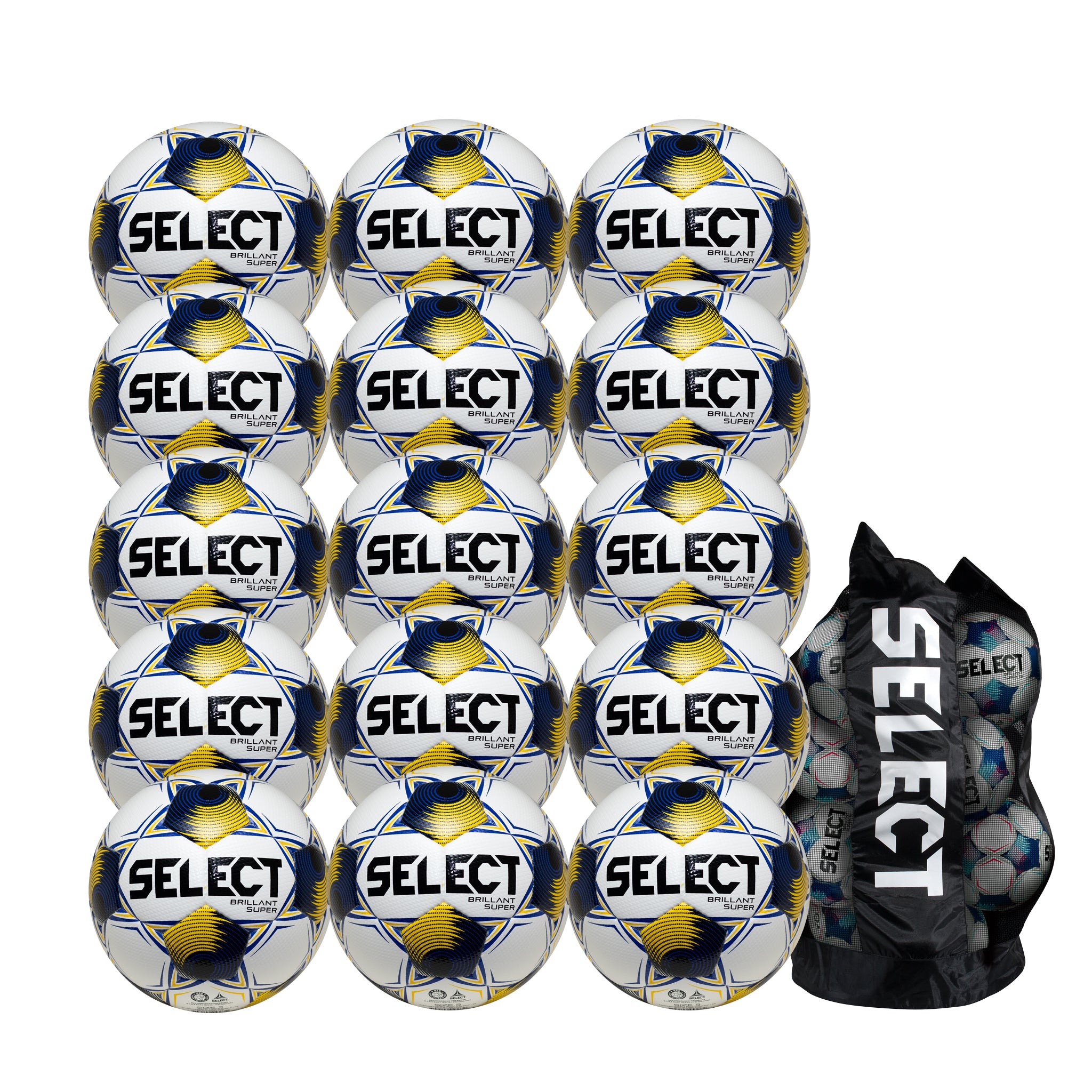 15 white, blue, and yellow SELECT soccer balls with 3C2A logos and a duffle bag