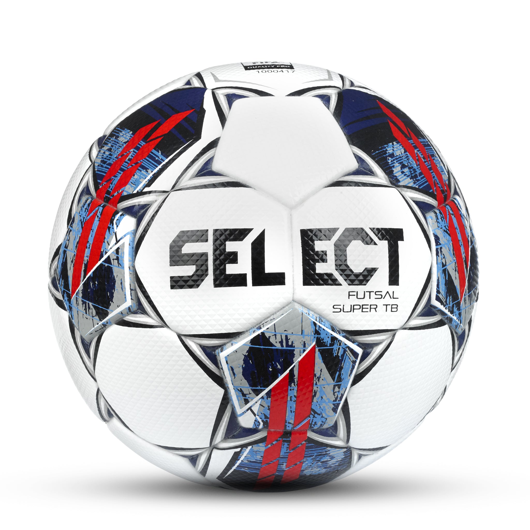 White futsal ball with blue, red, and silver accents and 'Select' branding #color_white/blue