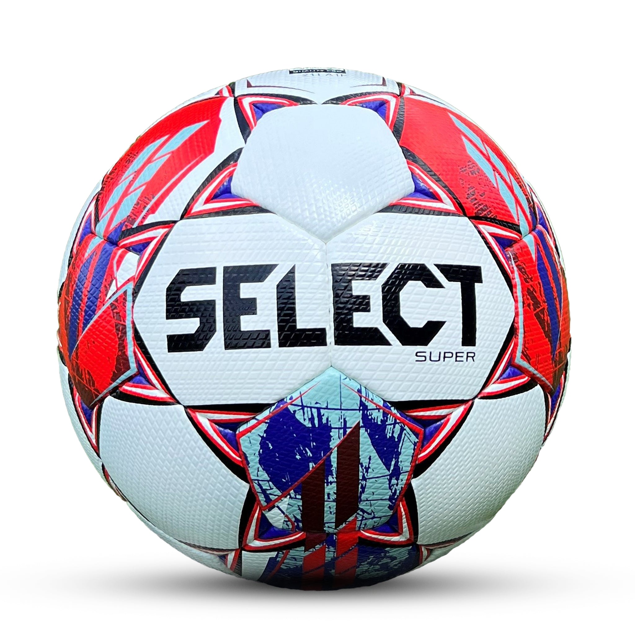 White soccer ball with red, blue, and grey accents. FIFA Quality Pro #color_white/red