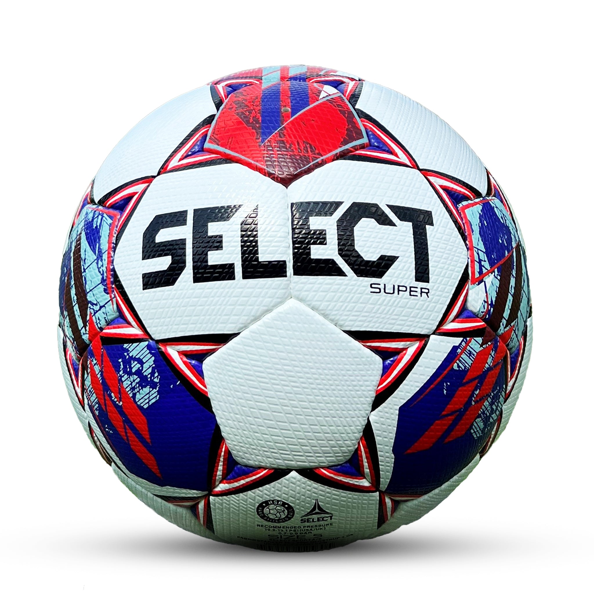 White soccer ball with red, blue, and grey accents. FIFA Quality Pro #color_white/red
