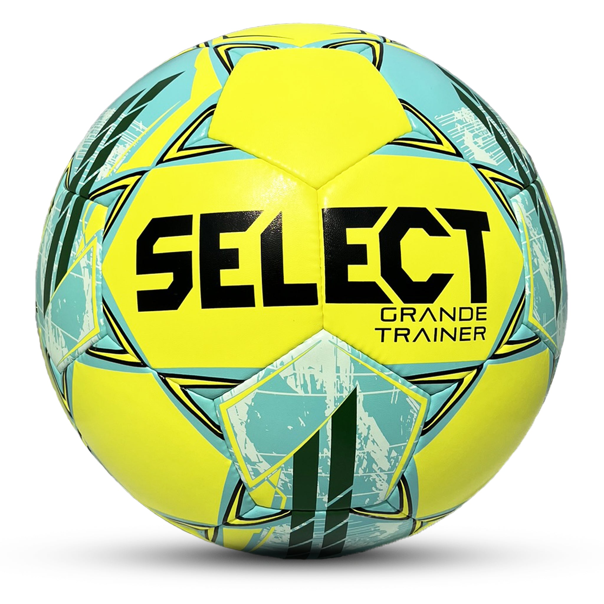 Oversized soccer ball with yellow material and blue and green accents. #color_yellow/green