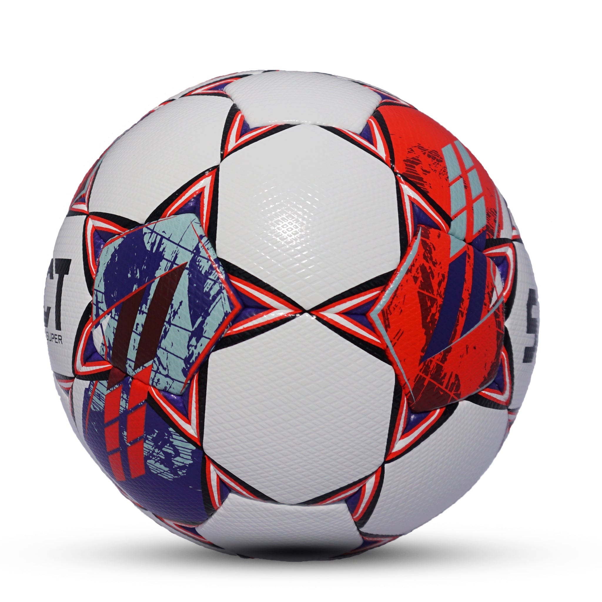 Side view of a white soccer ball with red, blue, and grey accents
