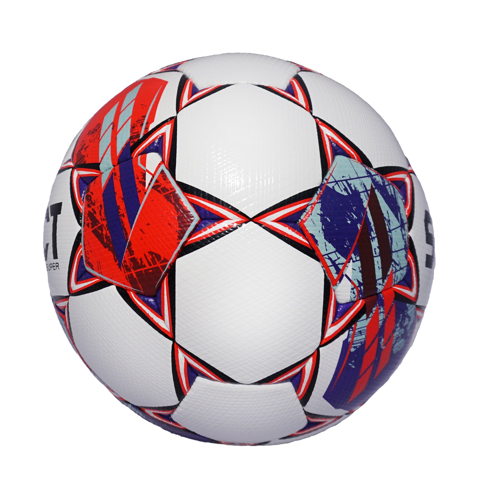 Side view of a white soccer ball with red, blue, and grey accents