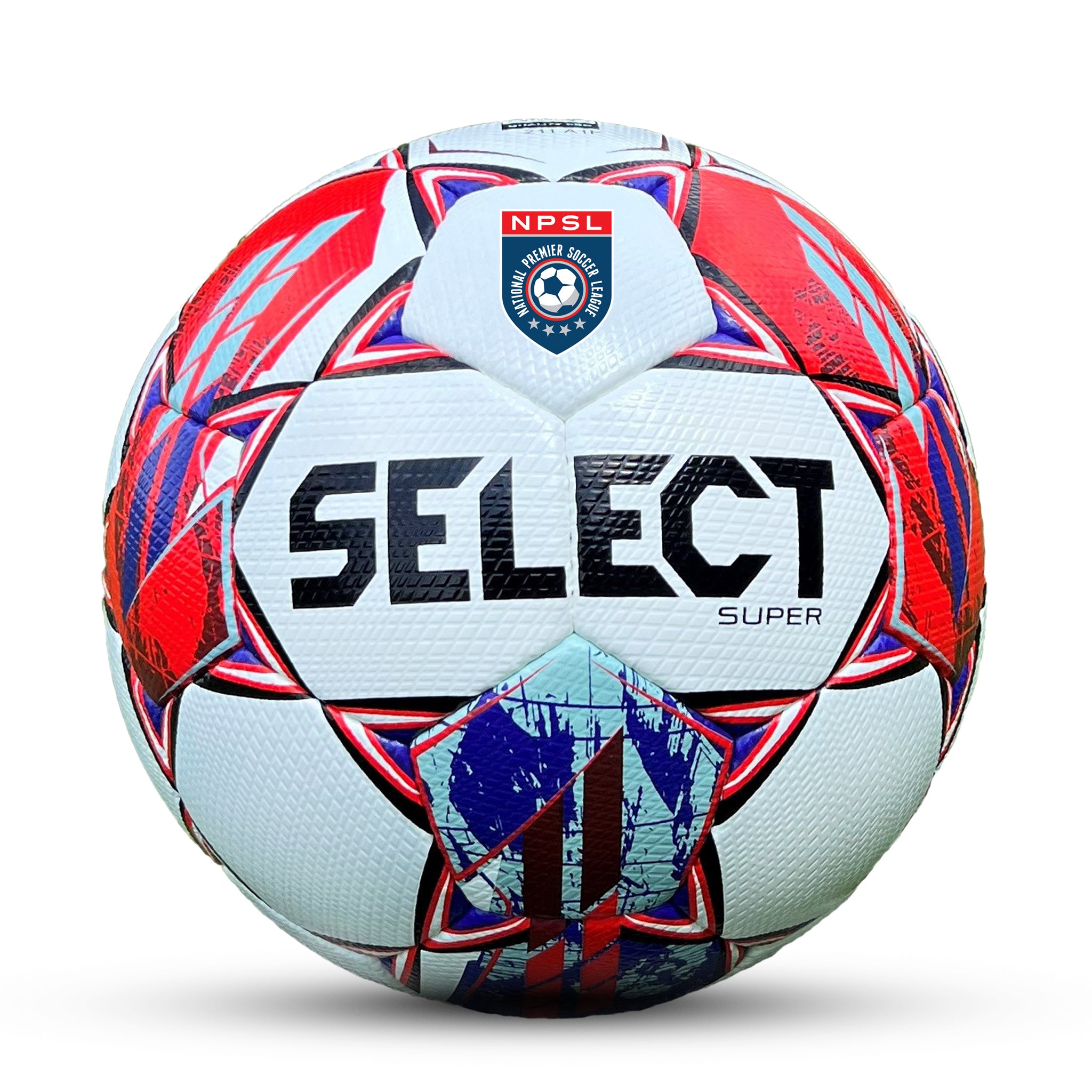 White soccer ball with blue, red, and silver accents and 'Select' branding on a white background. Official ball of the NPSL #color_white/red