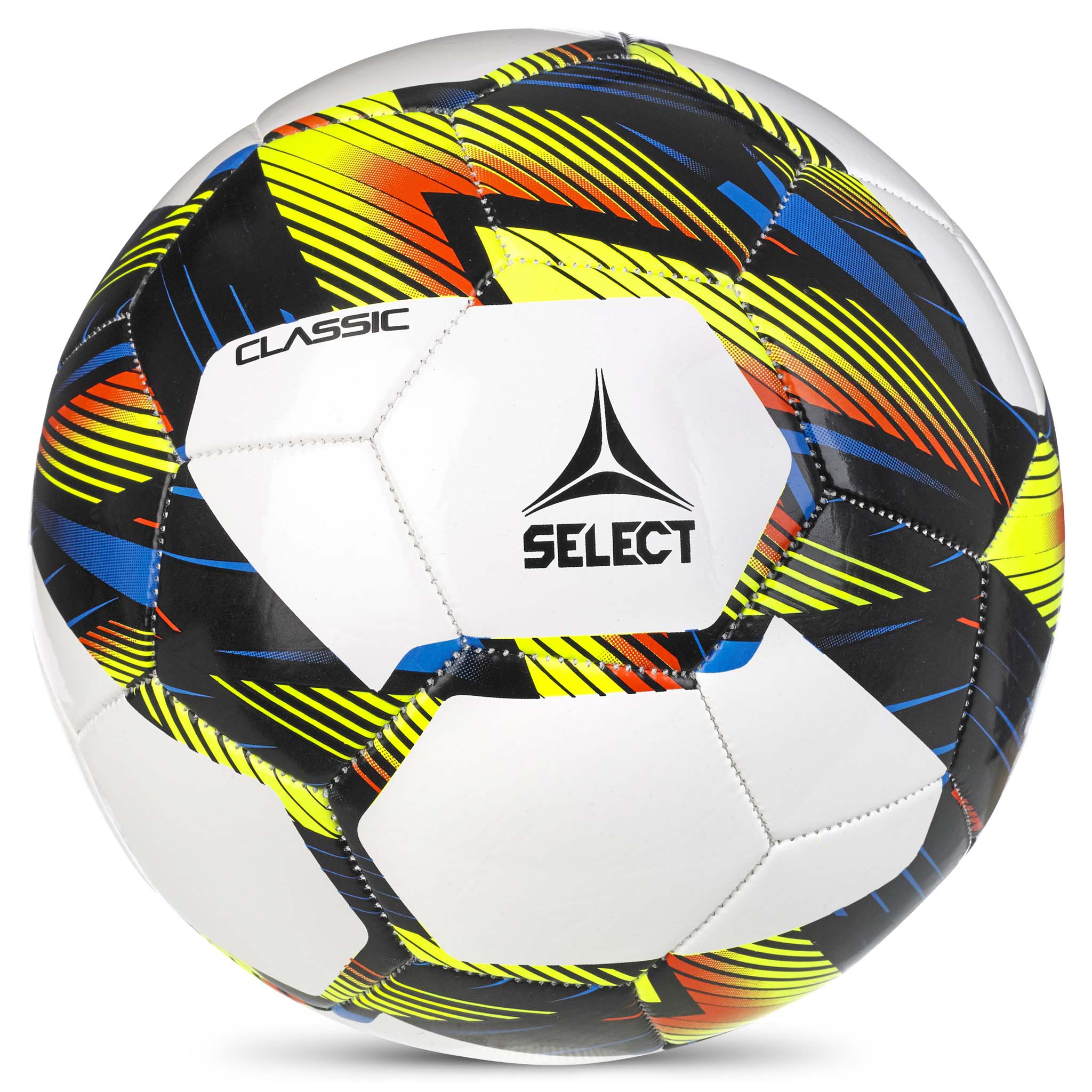 White soccer ball with black, blue, and orange accents. Select branded #color_white/black