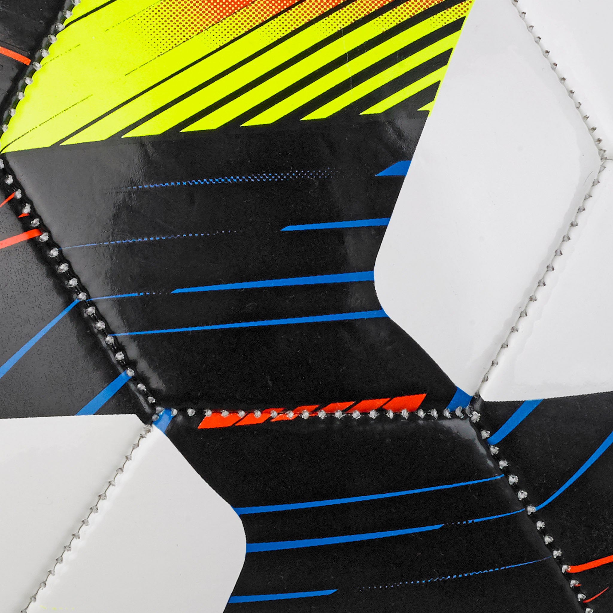 White soccer ball with black, blue, and orange accents. Select branded #color_ #color_white/black #color_white/black