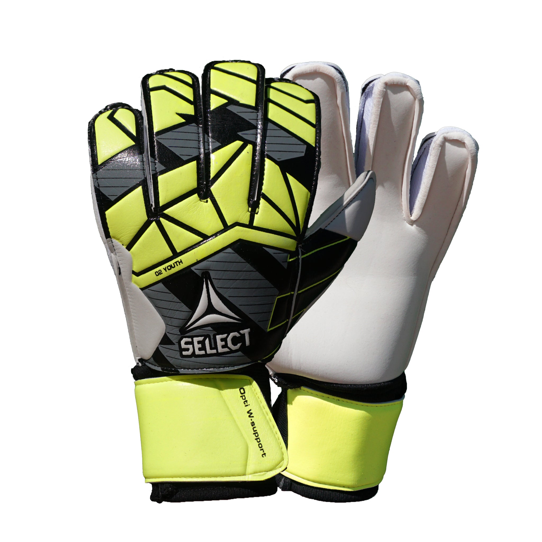 Youth goalkeeper glove with a black, grey, and yellow backhand and white palm. Select logo on backhand #color_yellow/white