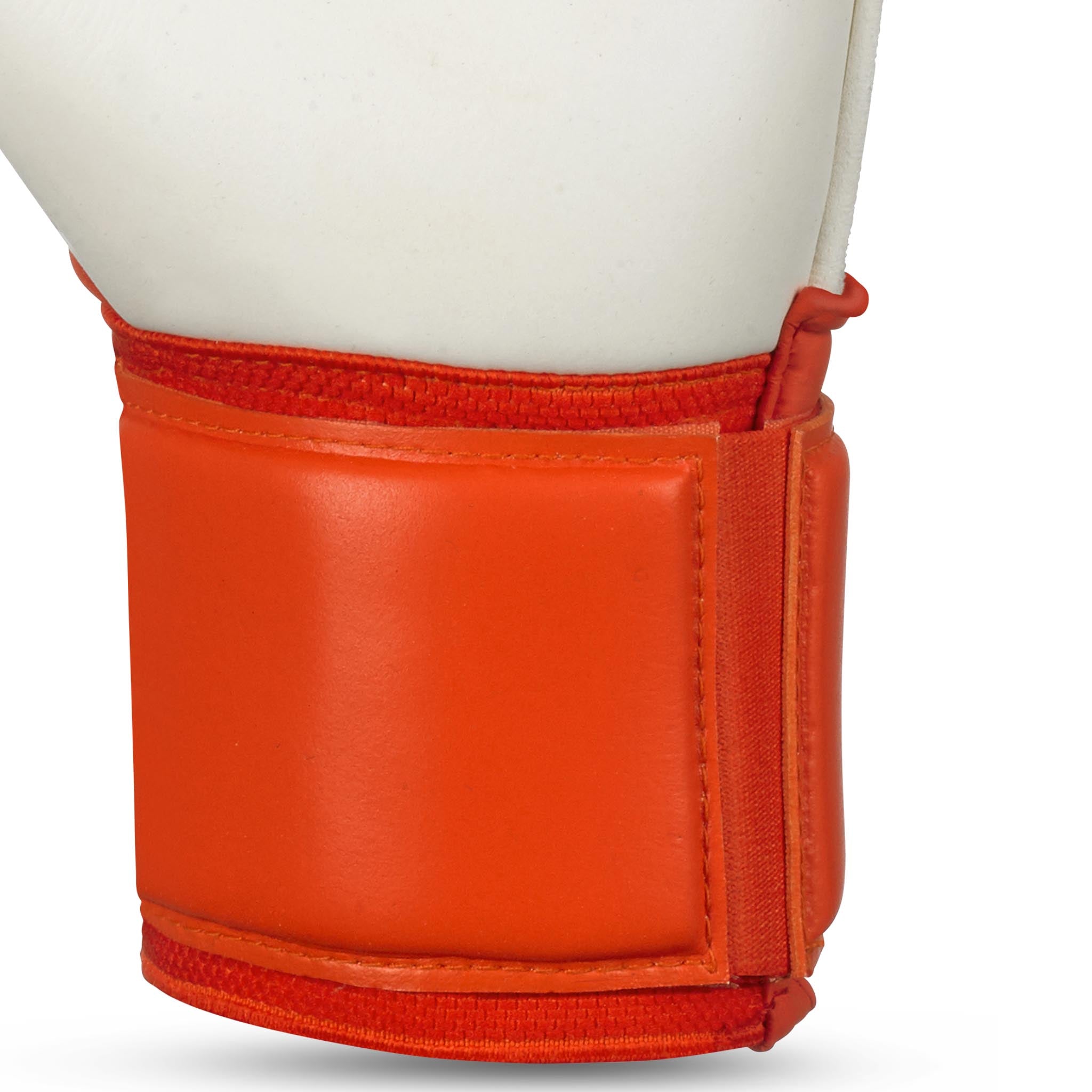 Goalkeeper glove with orange and yellow backhand and white palm. Select logo on backhand. #color_orange/white