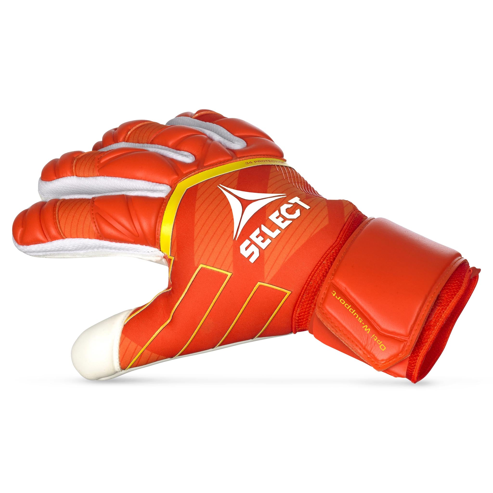 Goalkeeper glove with orange and yellow backhand and white palm. Select logo on backhand. #color_orange/white