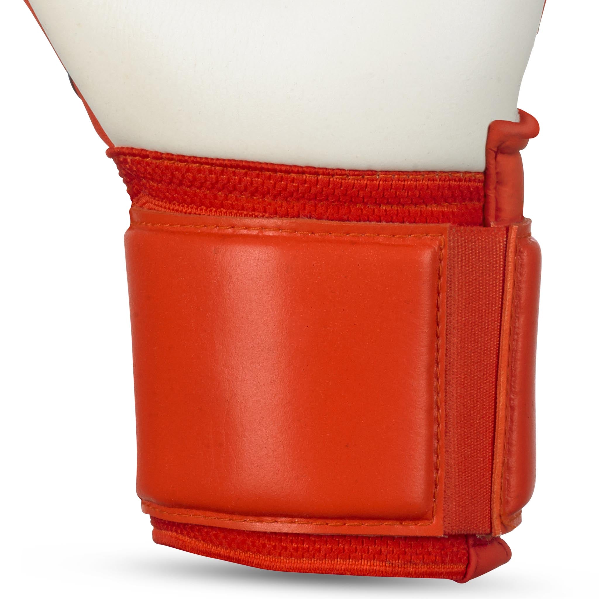 Goalkeeper glove with orange and blue backhand and white palm. Select logo on backhand. #color_orange/white