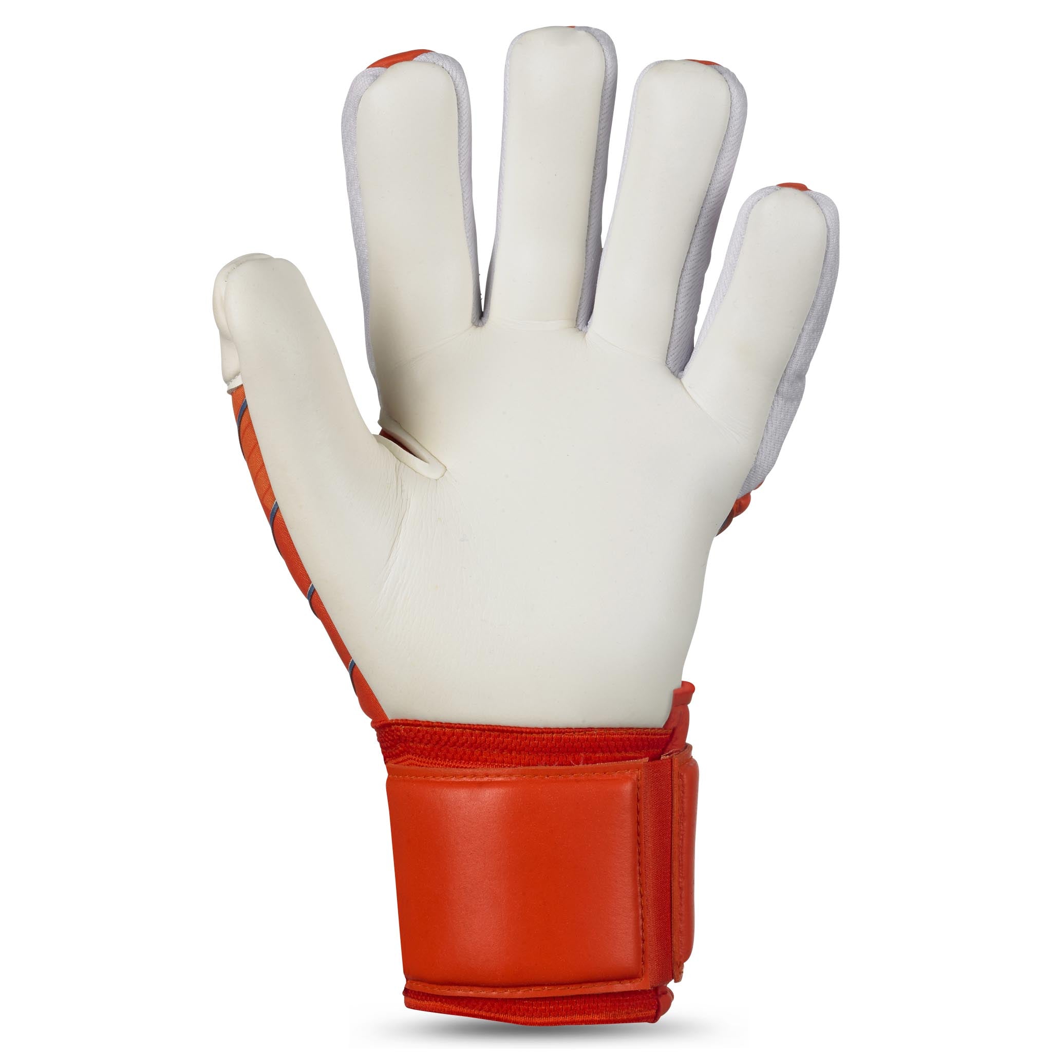 Goalkeeper glove with orange and blue backhand and white palm. Select logo on backhand. #color_orange/white