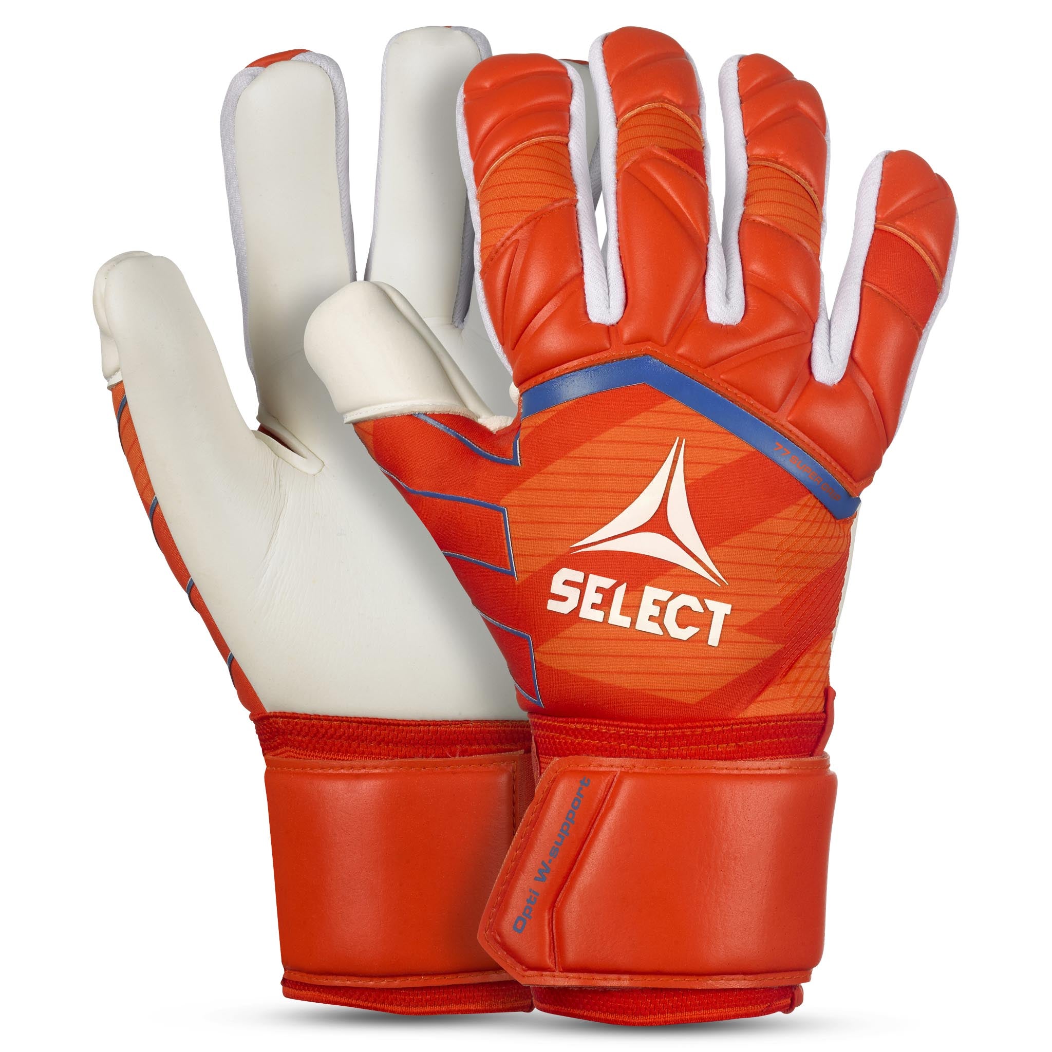 Goalkeeper glove with orange and blue backhand and white palm. Select logo on backhand. #color_orange/white