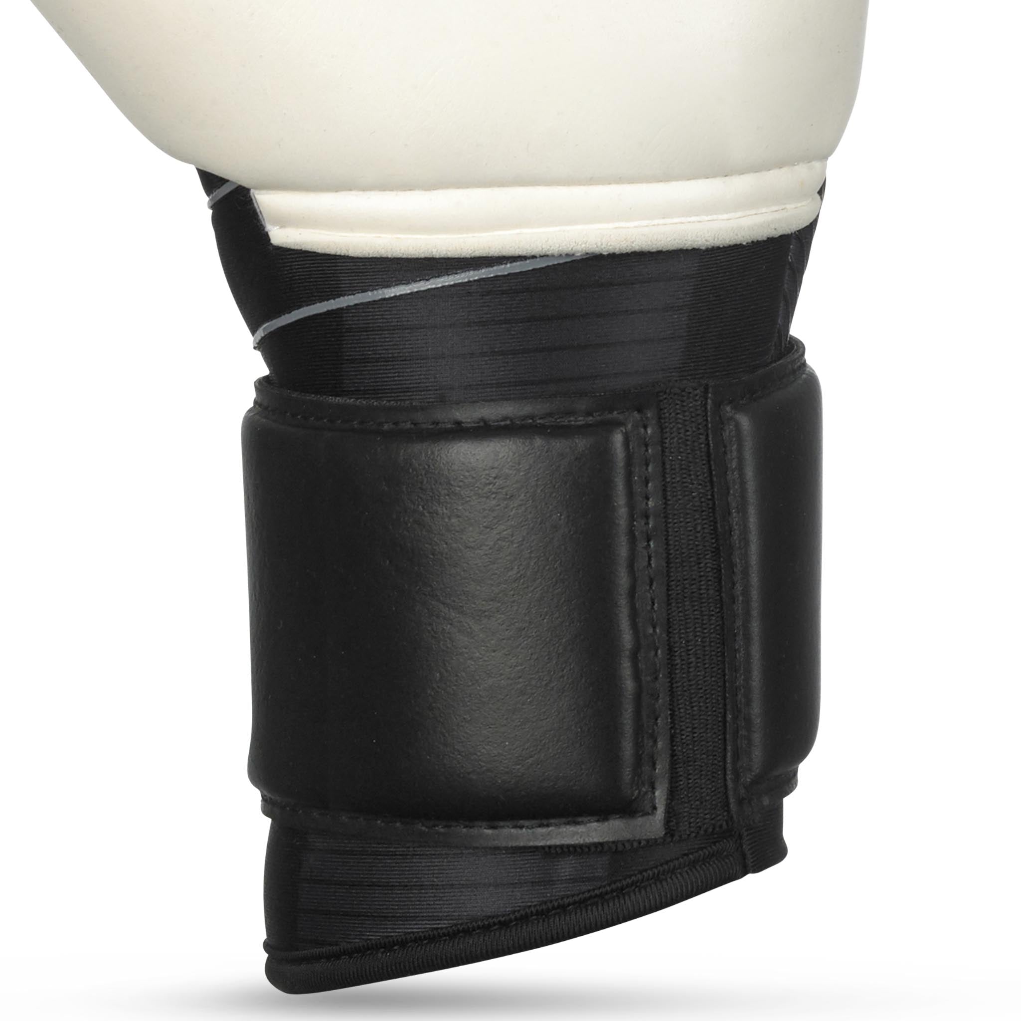 Goalkeeper glove with black and grey backhand and white palm. Select logo on backhand. #color_black/white