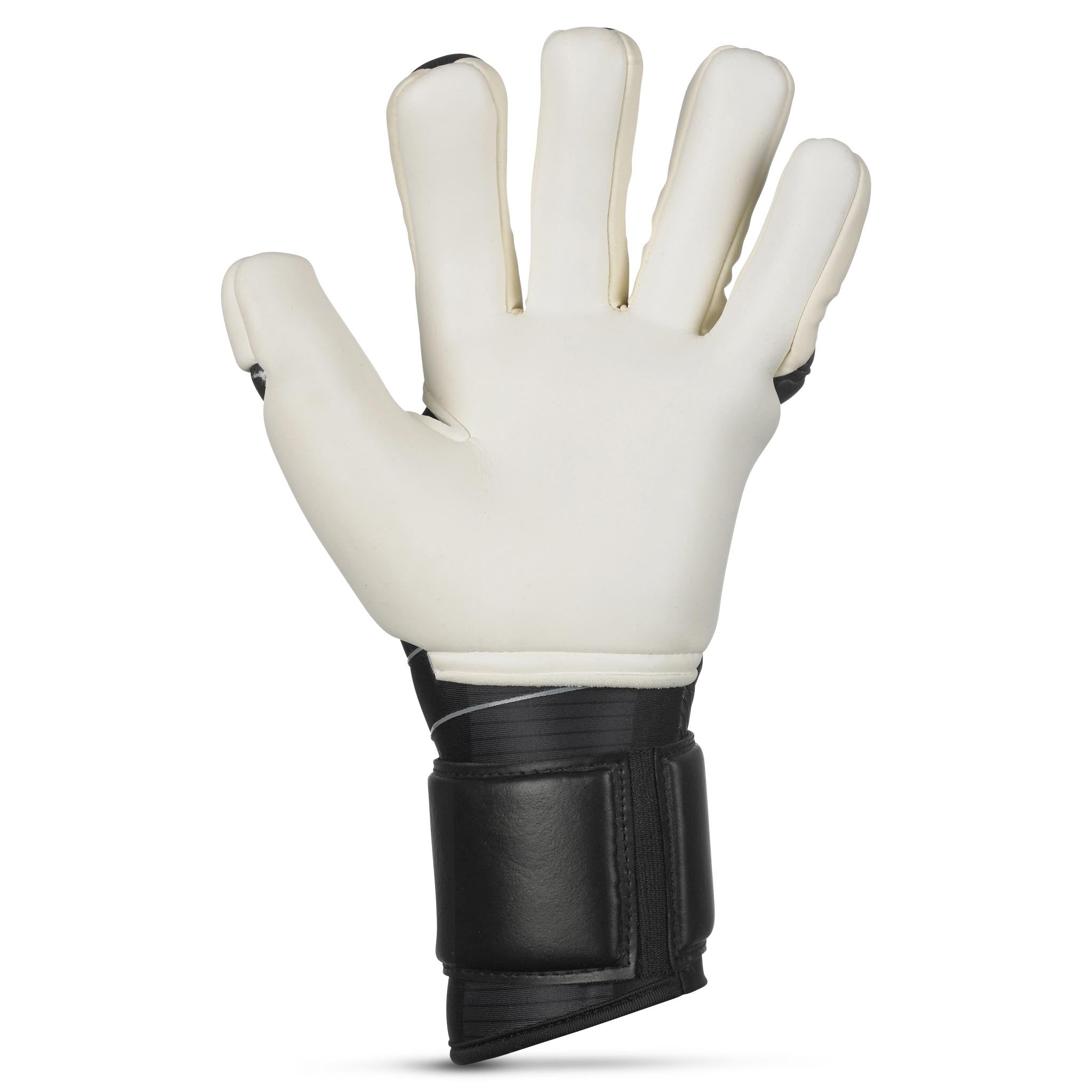 Goalkeeper glove with black and grey backhand and white palm. Select logo on backhand. #color_black/white