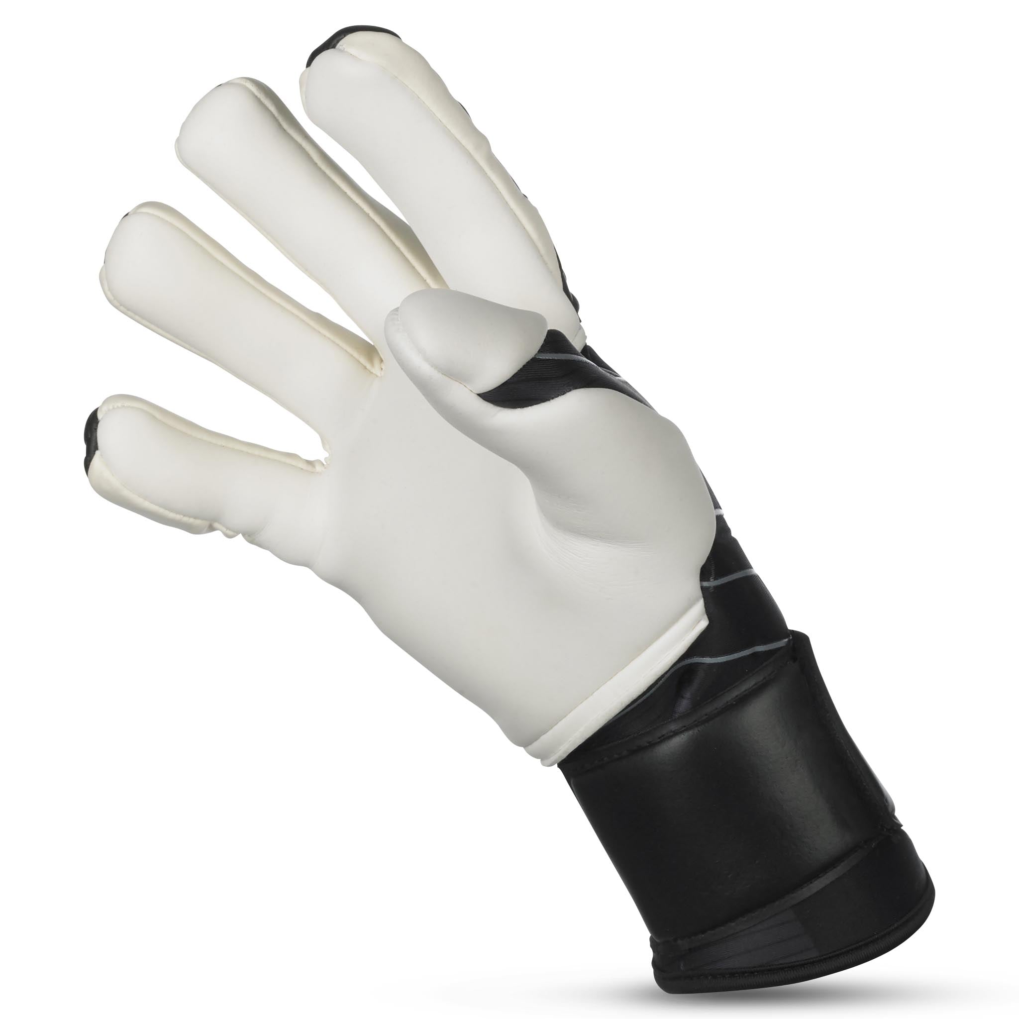 Goalkeeper glove with black and grey backhand and white palm. Select logo on backhand. #color_black/white