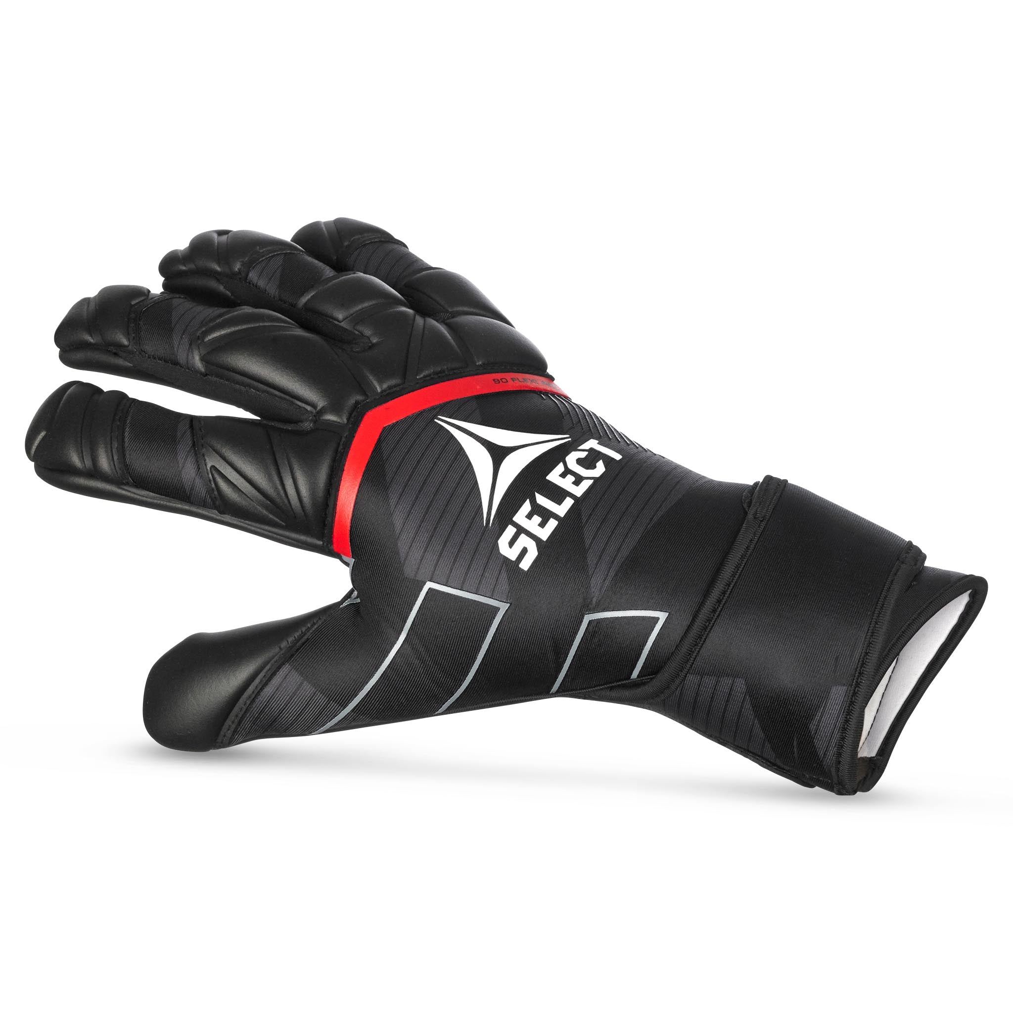 Goalkeeper glove with black and red backhand, black palm and Select logo on backhand. #color_black/red