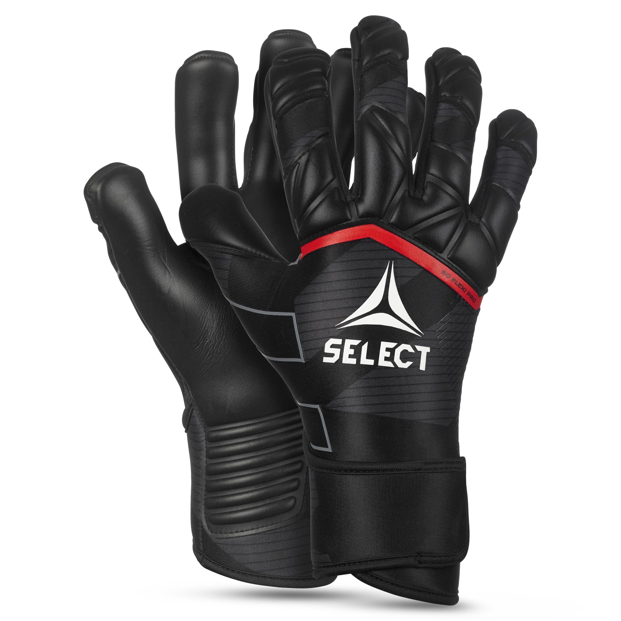Goalkeeper glove with black and red backhand, black palm and Select logo on backhand. #color_black/red
