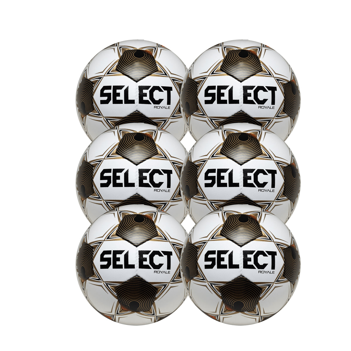 6 white soccer balls with black, gold and orange accents. Branded SELECT