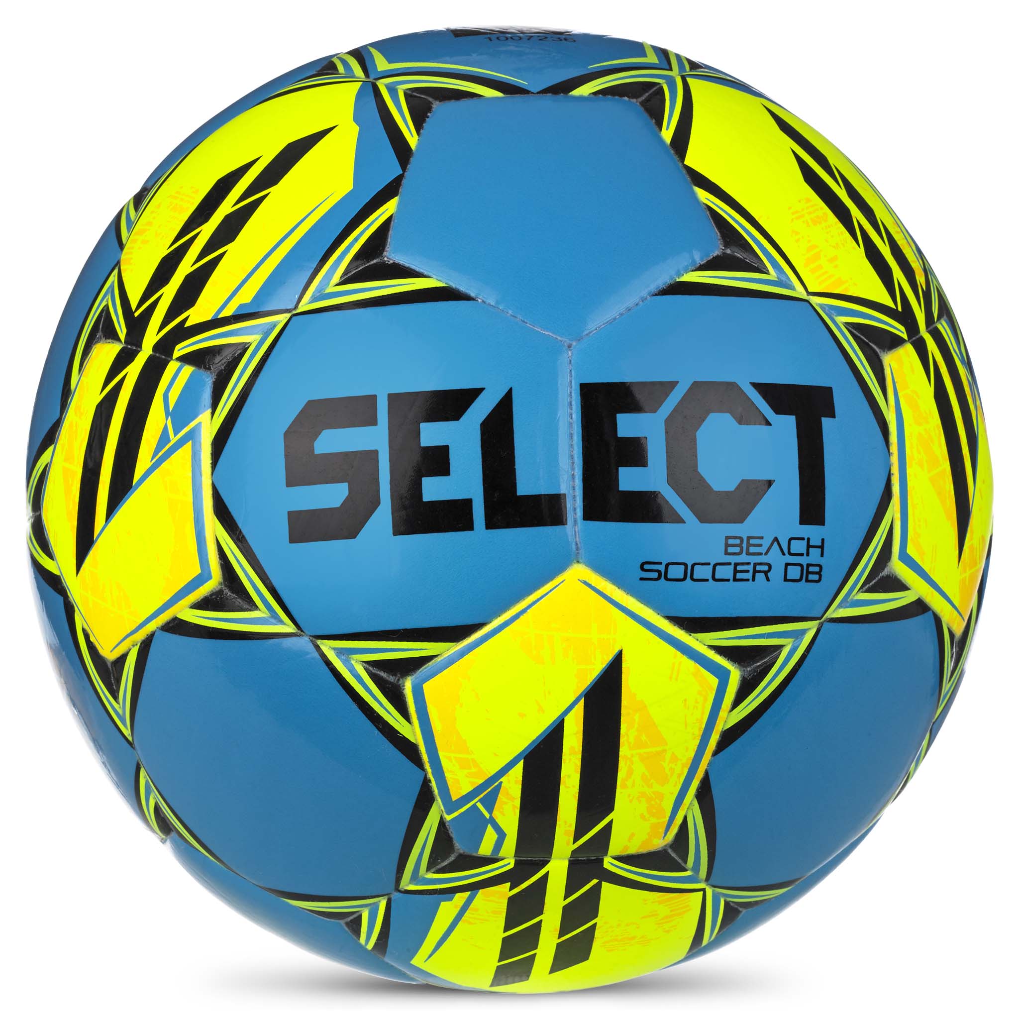 Blue beach soccer ball with yellow accents. Select branding #color_blue/yellow