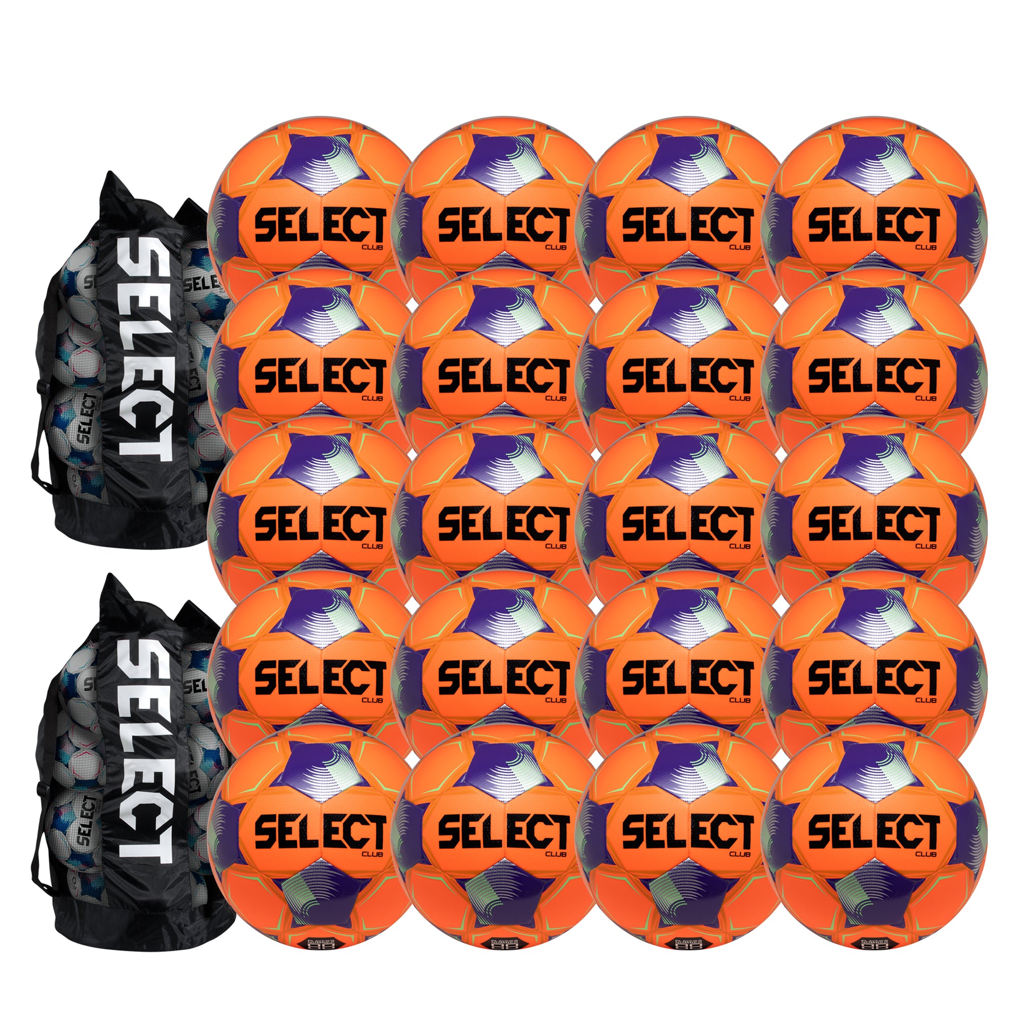 20 orange soccer balls with purple and green accents alongside two black duffle bags with branding SELECT