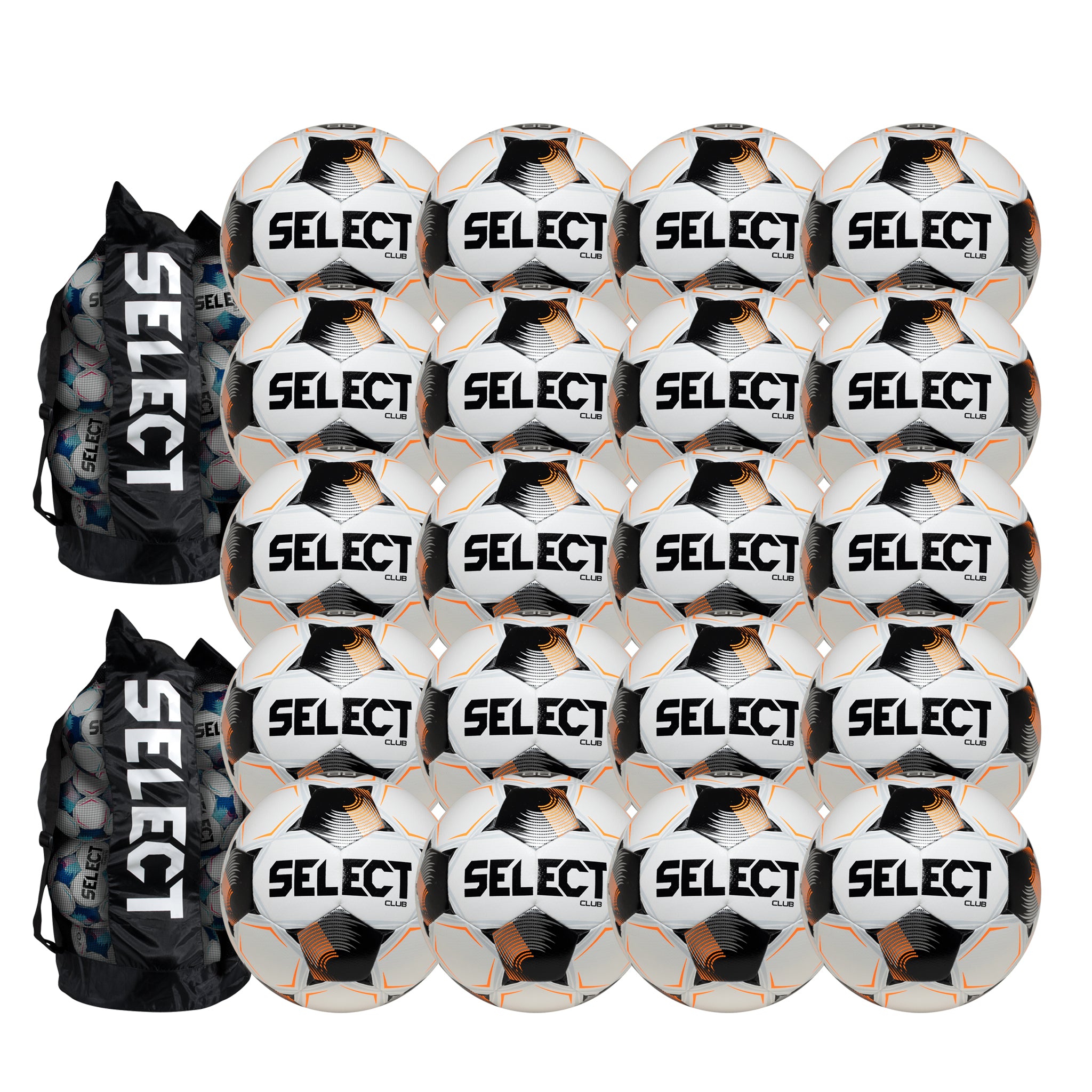 20 white soccer balls with black and orange accents alongside two black duffle bags with branding SELECT