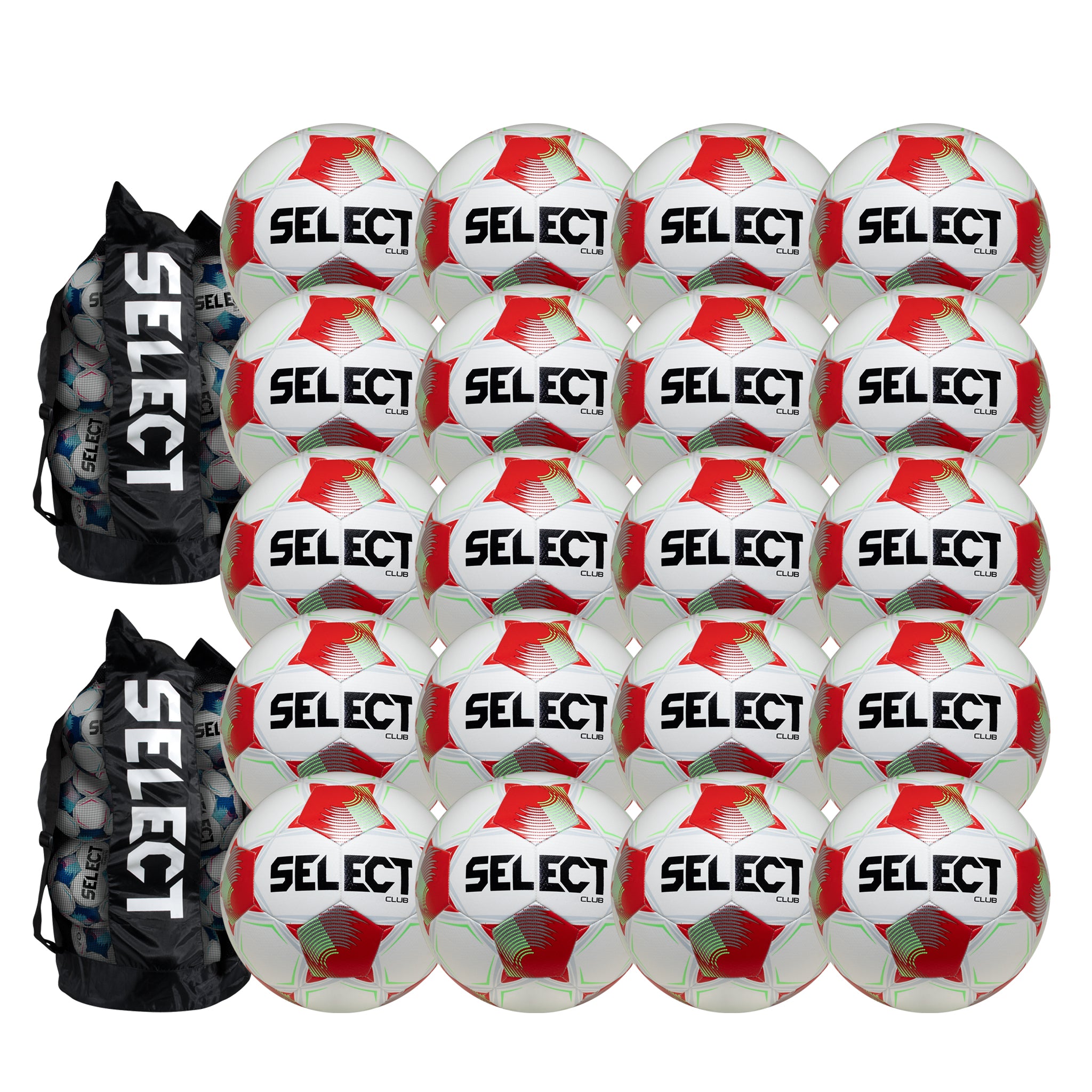 20 white soccer balls with red and green accents alongside two black duffle bags with branding SELECT