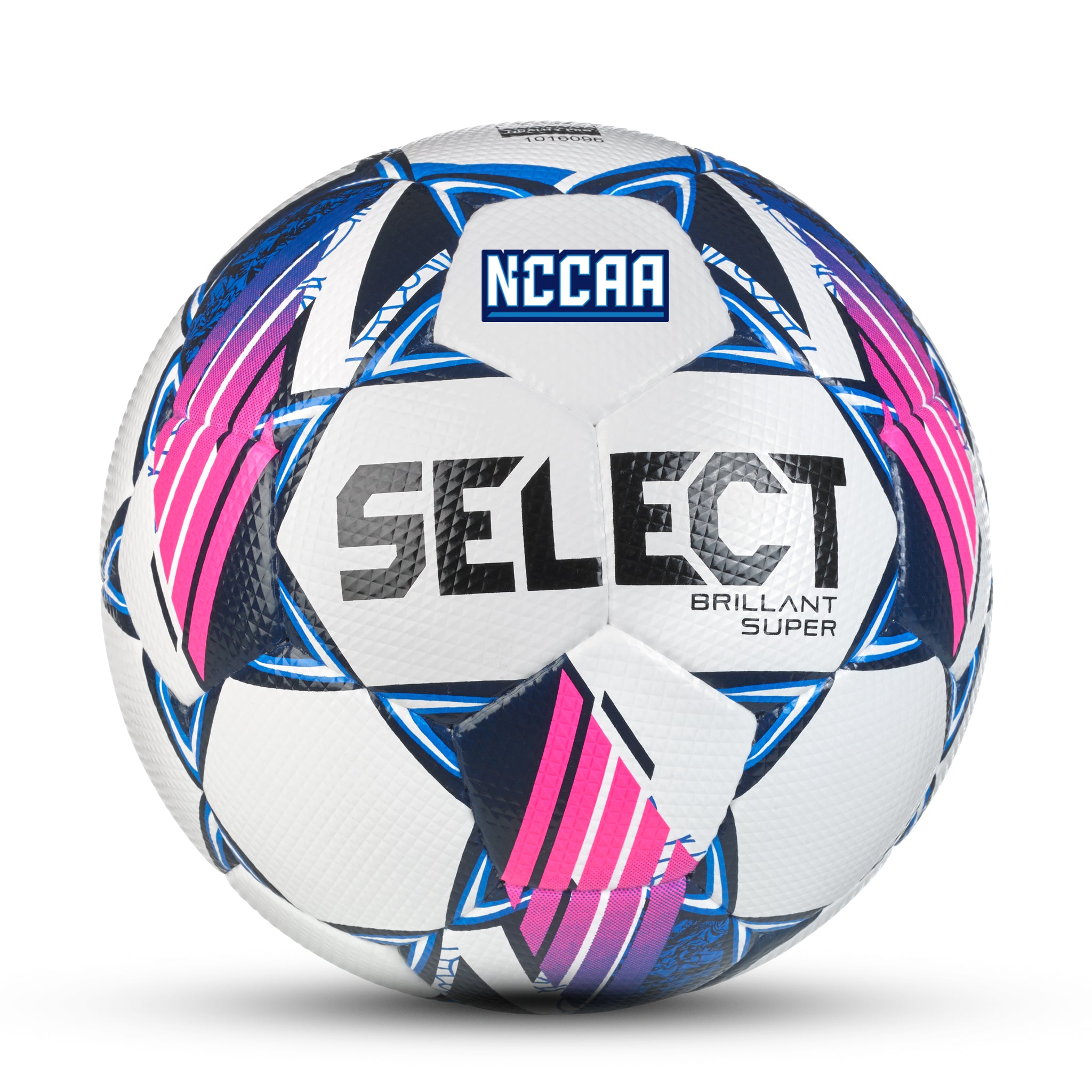 White soccer ball with black and blue accents and 'Select' branding. Used by the NCCAA #color_white/blue