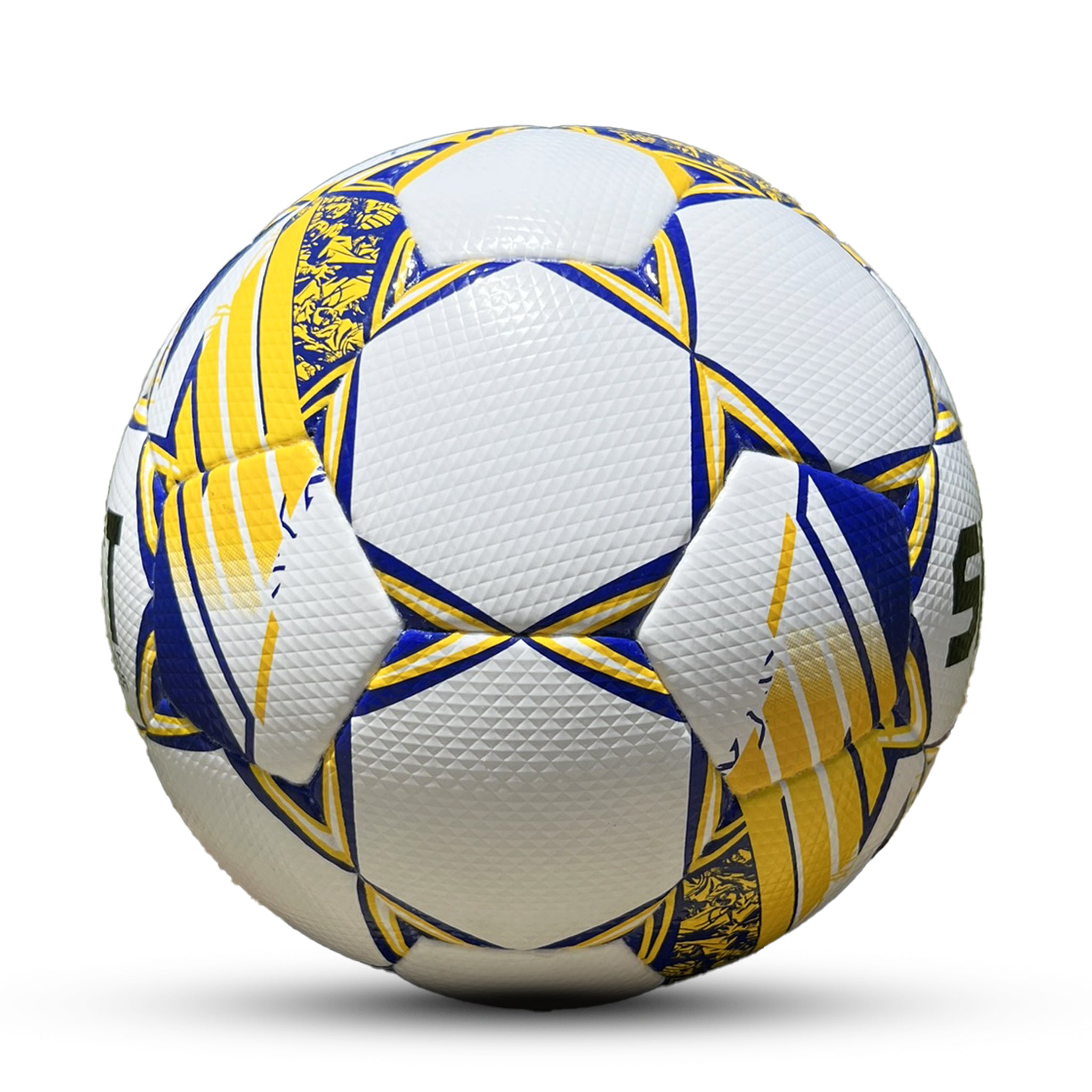 Side view of a white soccer ball with blue and yellow accents and 'Select' branding on a white background. Used by the 3C2A