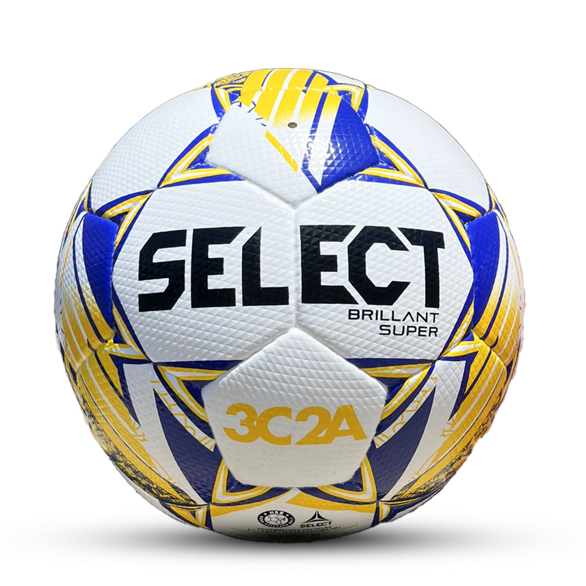 White soccer ball with blue and yellow accents and 'Select' branding on a white background. Used by the 3C2A #color_white/blue