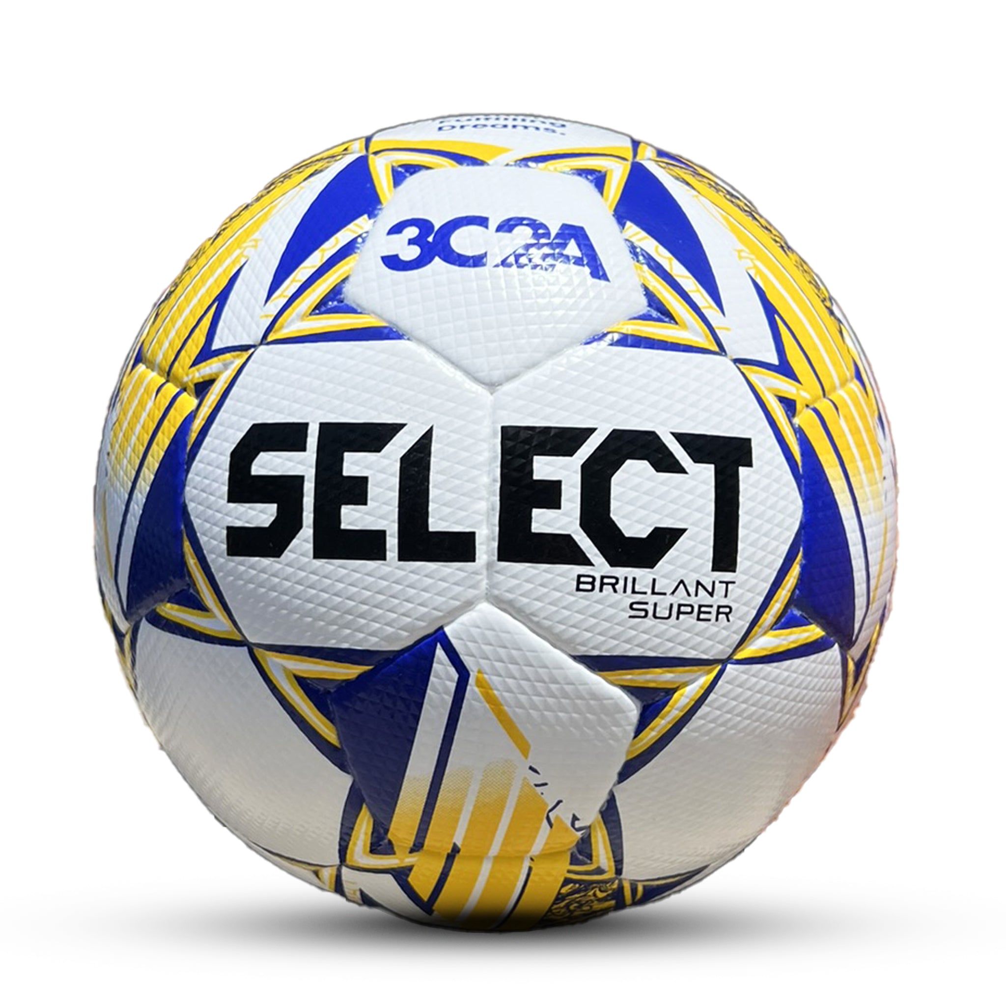 White soccer ball with blue and yellow accents and 'Select' branding on a white background. Used by the 3C2A #color_white/blue