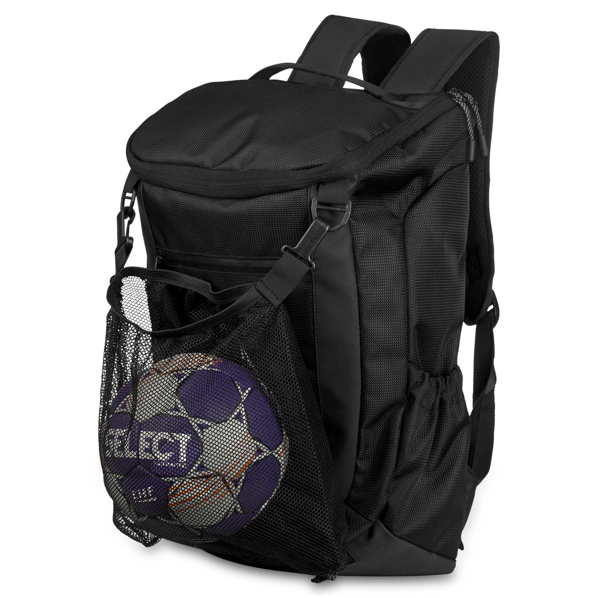Black backpack with internal and external pockets and a storeable net to hold a soccer ball and 'Select' branding #color_black