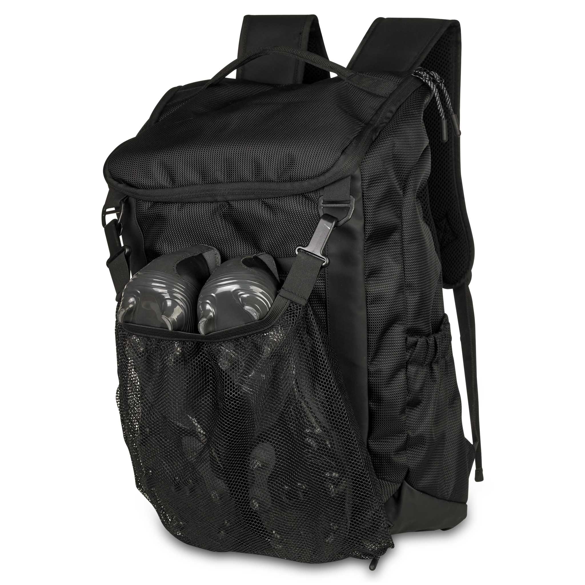 Black backpack with internal and external pockets and a storeable net to hold a soccer ball and 'Select' branding #color_black