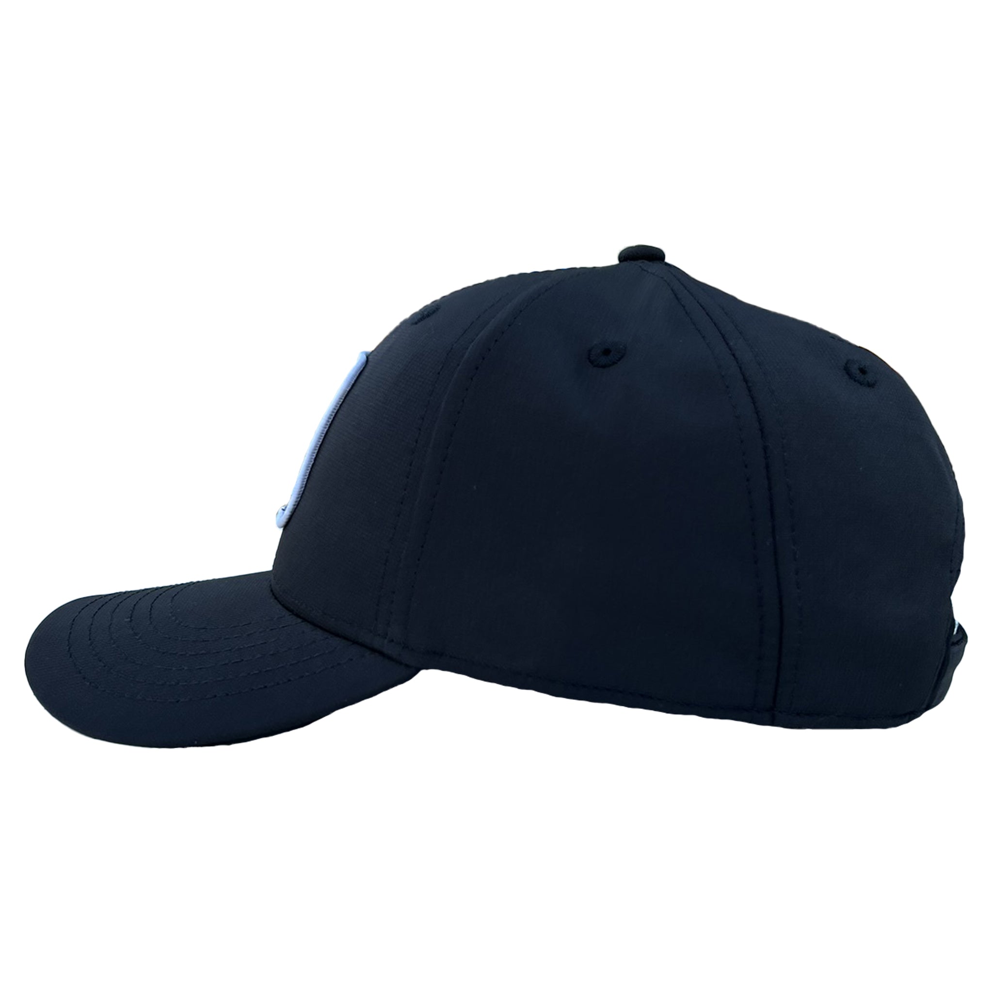 Black performance cap with white 'Select' branding. Side view